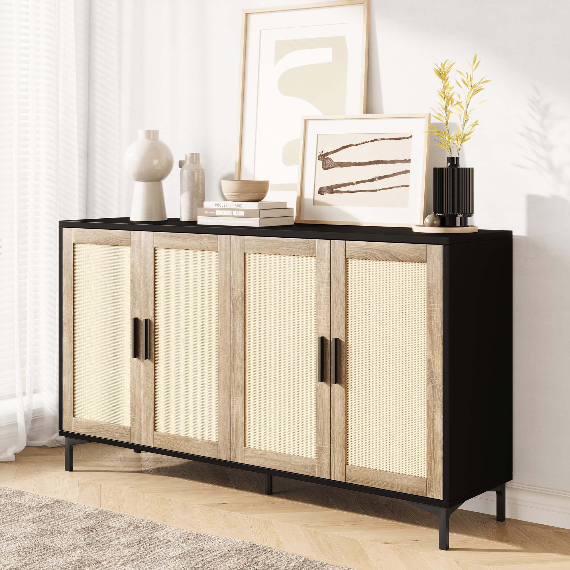 Rattan Sideboard Buffet Cabinet with Storage Doors - Modern Kitchen Coffee Bar Cabinet for Living Room, Entryway, Dining Room | Stylish Home Storage Solution for Dishes, Linens & Entertaining Essentials