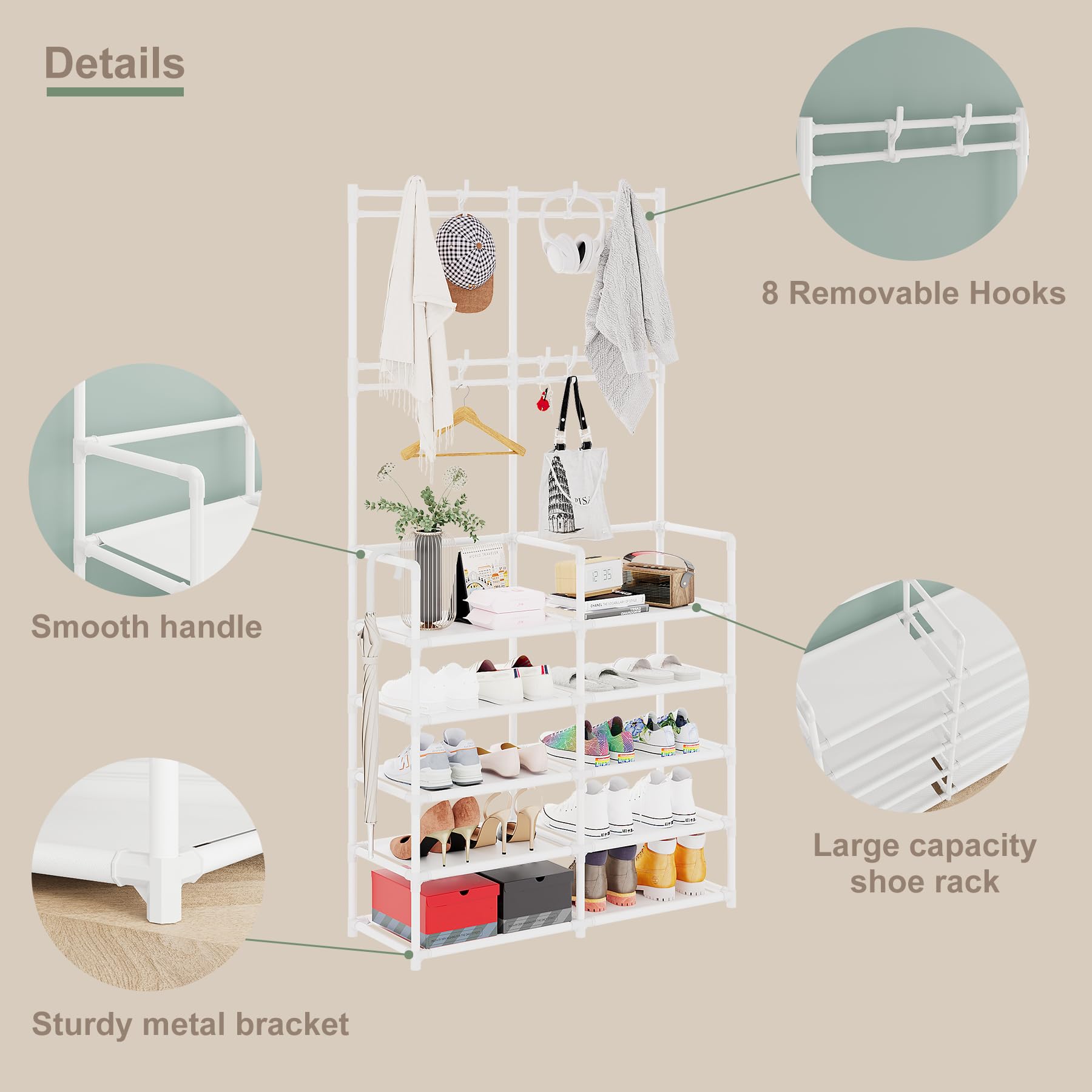 UDEAR 5-Tier Shoe Rack with Coat Hooks - Space Saving Entryway Organizer for Shoes, Jackets & Accessories - Sturdy Shoe Storage for Living Room, Bedroom, Office & Hallway - White (Perfect for Small Spaces & Apartment Entryways)