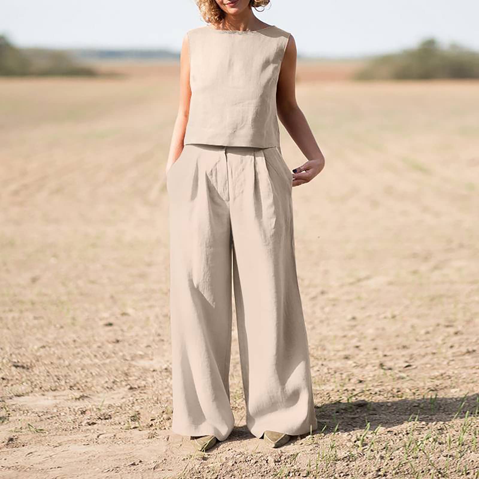 2 Piece Summer Outfits for Women - Sleeveless Tank Top & Long Pants with Pockets, Comfortable Lounge Jogger Sets for Home, Workout, Travel & Casual Wear