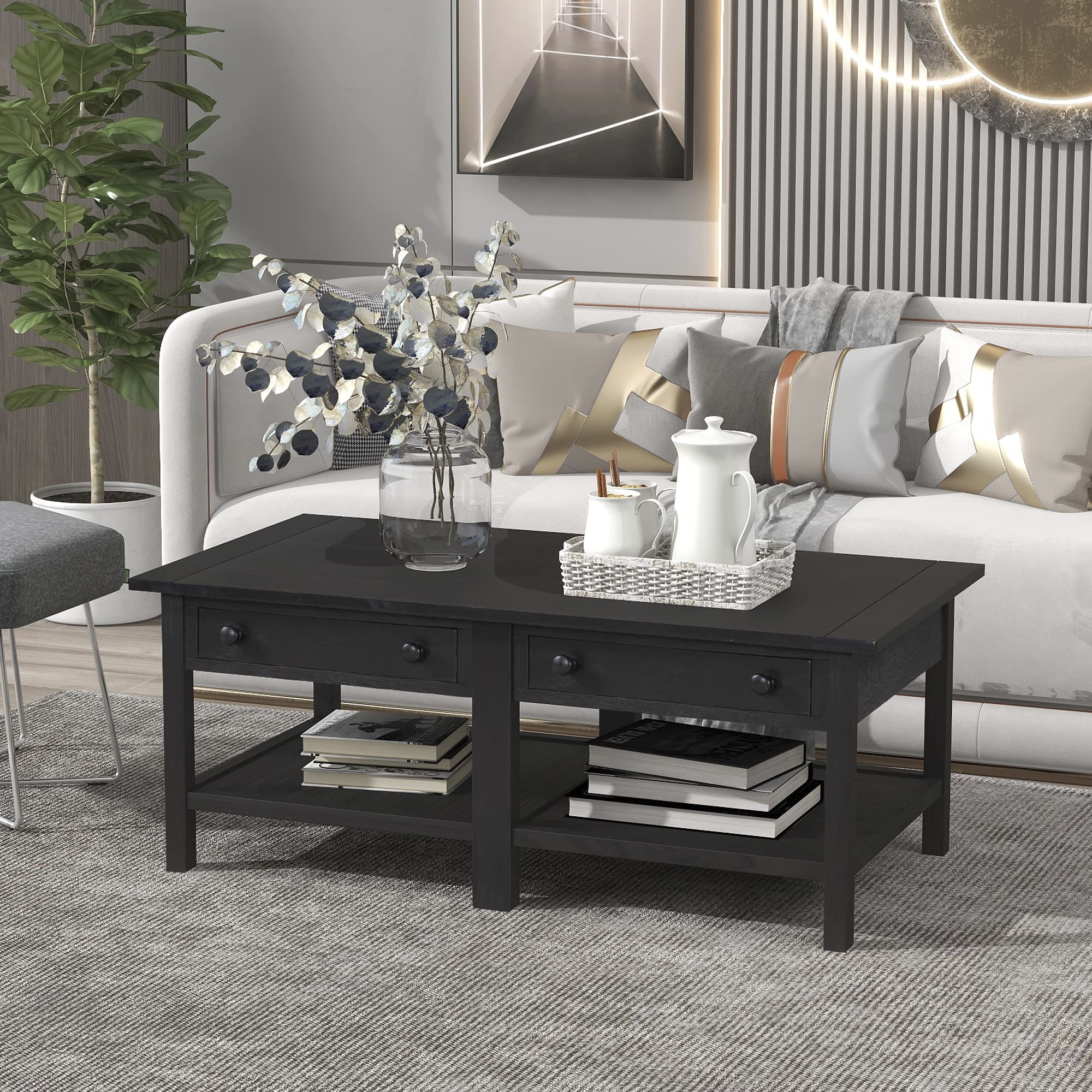 Solid Wood Coffee Table with 2 Drawers & Open Shelf - Large Storage American Classic Cocktail Table for Living Room, Office - Espresso Finish - Perfect for Entertaining, Relaxing & Home Decor