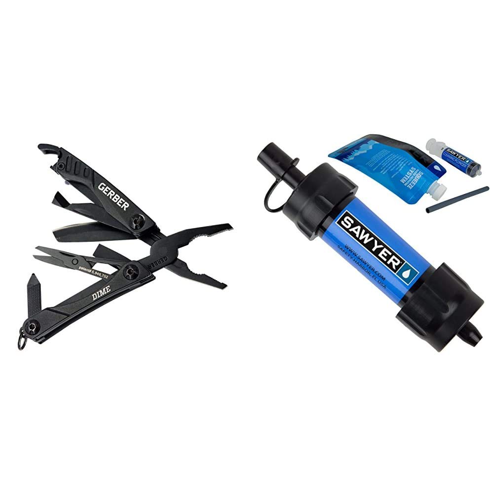 Gerber Gear 30-000469N 12-in-1 Dime Multitool Mini - Needle Nose Pliers, Pocket Knife, Keychain, Bottle Opener - EDC Gear for Camping, Hiking & Everyday Carry (Black) | Sawyer Products SP128 Mini Water Filtration System - Portable Water Filter for Outdoor Adventures, Travel & Emergency Preparedness (Blue)
