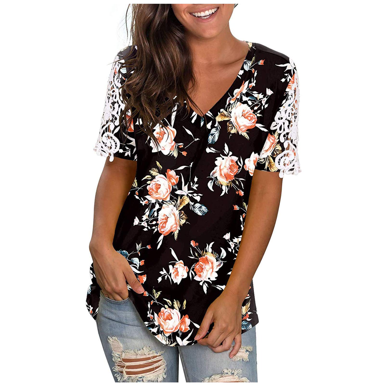 Women's Spring Tops 2023 - Fashion Sunflower Print Casual Short Sleeve Round Neck Tunic Blouse Tee (Black, Large) | Perfect for Summer Outfits, Beach Vacations & Everyday Wear