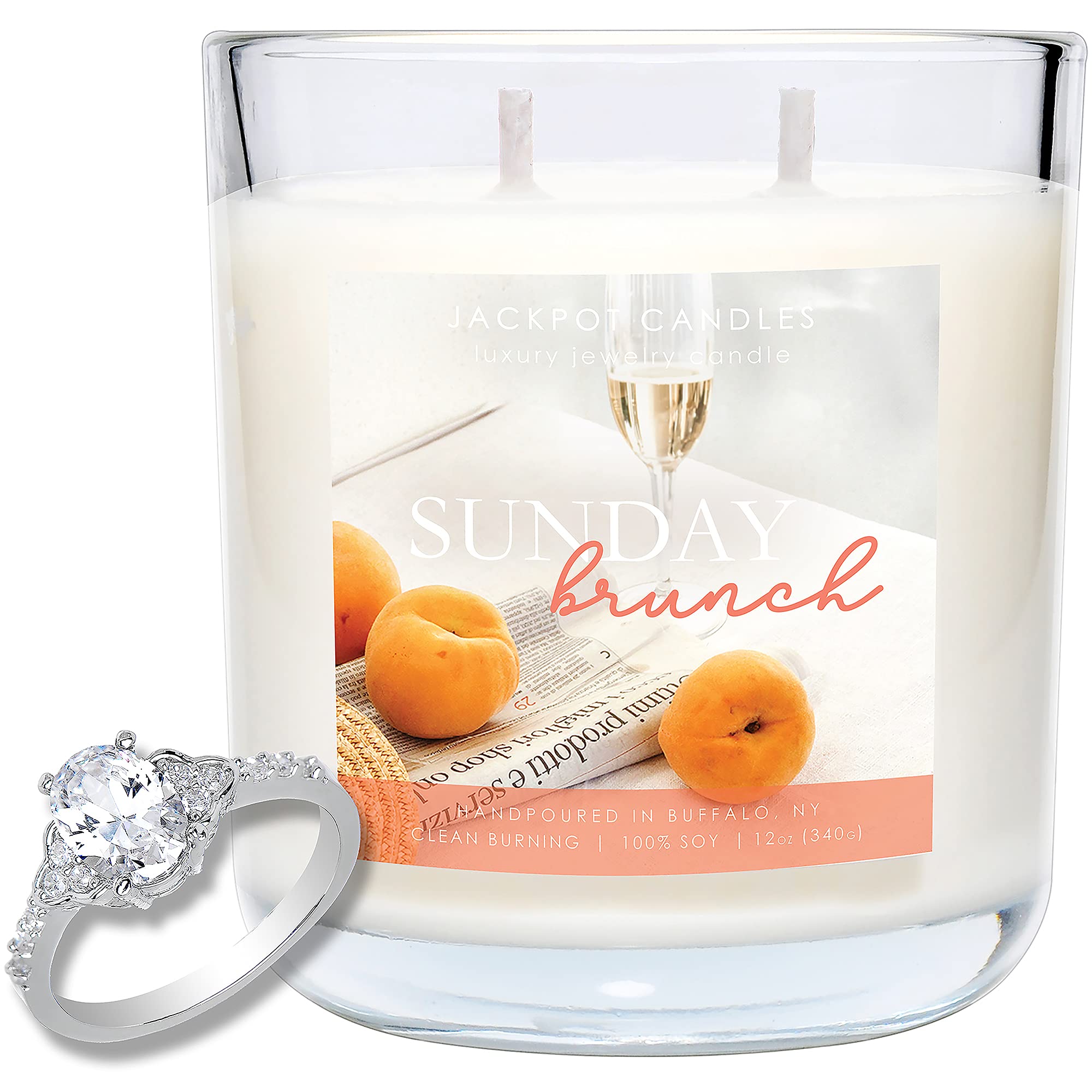 Jackpot Candles Sunday Brunch Scented Candle with Hidden Ring Inside - Surprise Jewelry Prize Worth $15-$5000 (Size 8) - Perfect for Gift Giving, Home Decor & Special Occasions