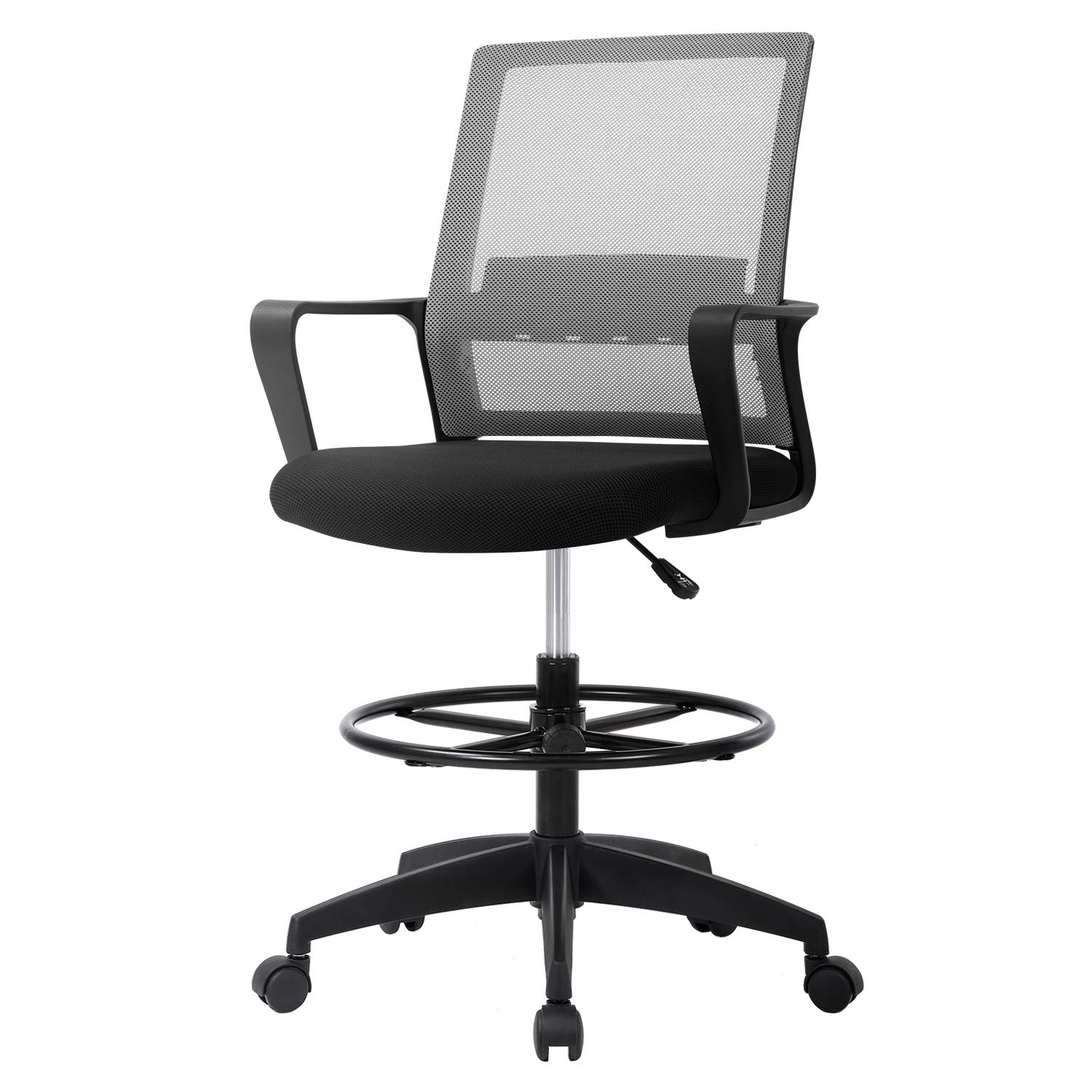 Ergonomic Mesh Drafting Chair with Adjustable Foot Ring - Tall Office Chair for Standing Desks, Mid-Back Support Computer Desk Chair (Grey) - Perfect for Architects, Artists & Long Work Sessions