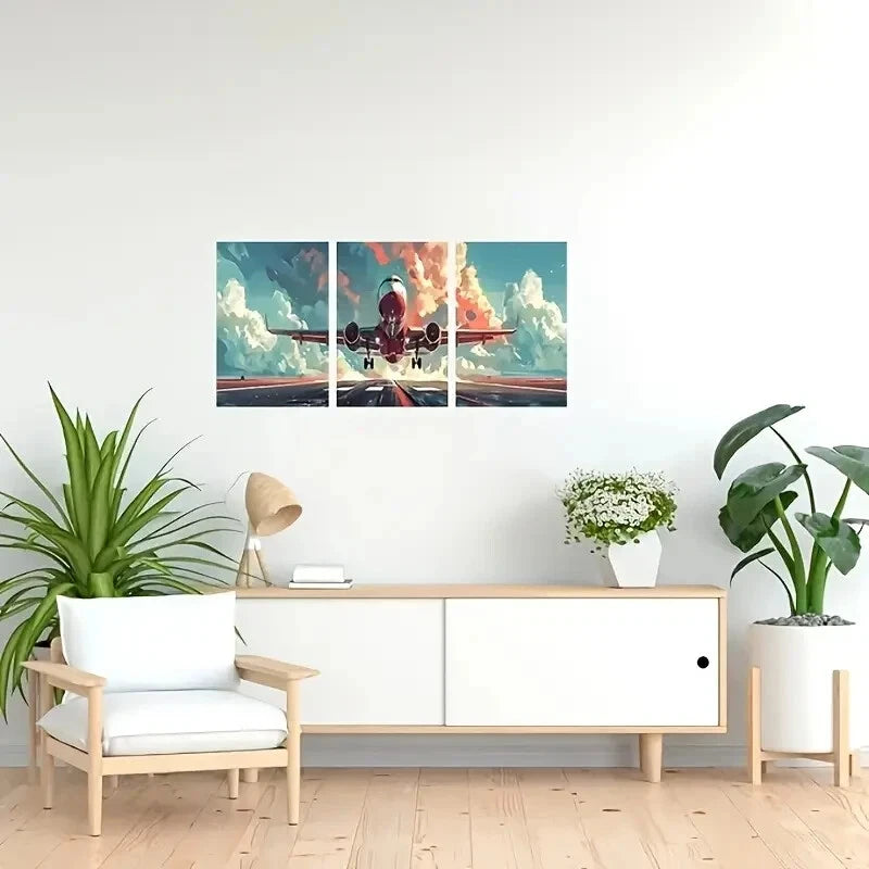 3-Piece Red Airplane with White Clouds Metal Wall Art - Ready to Hang Home Decor for Living Room, Bedroom & Office