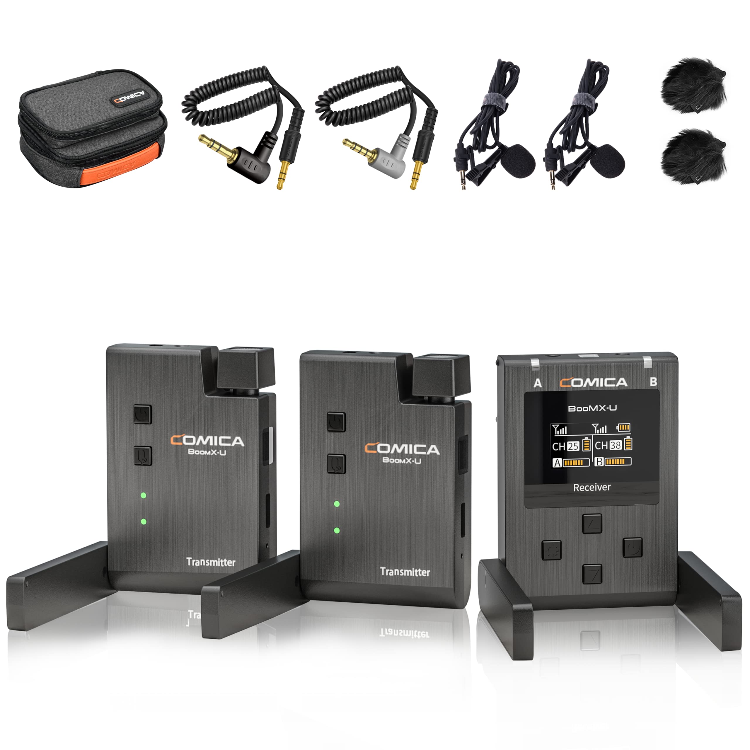 Comica BoomX-U UHF Dual Channel Wireless Lavalier Microphone System - 2 Transmitters & 1 Receiver for Camera, Smartphone, TikTok, YouTube, Vlogging, Live Streaming - Ideal for Interviews, Podcasts, Presentations & Content Creation