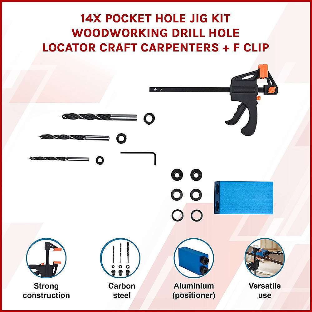 14X Pocket Hole Jig Kit - Professional Woodworking Drill Guide with Hole Locator & F Clips for DIY Projects, Furniture Making, and Carpentry Work
