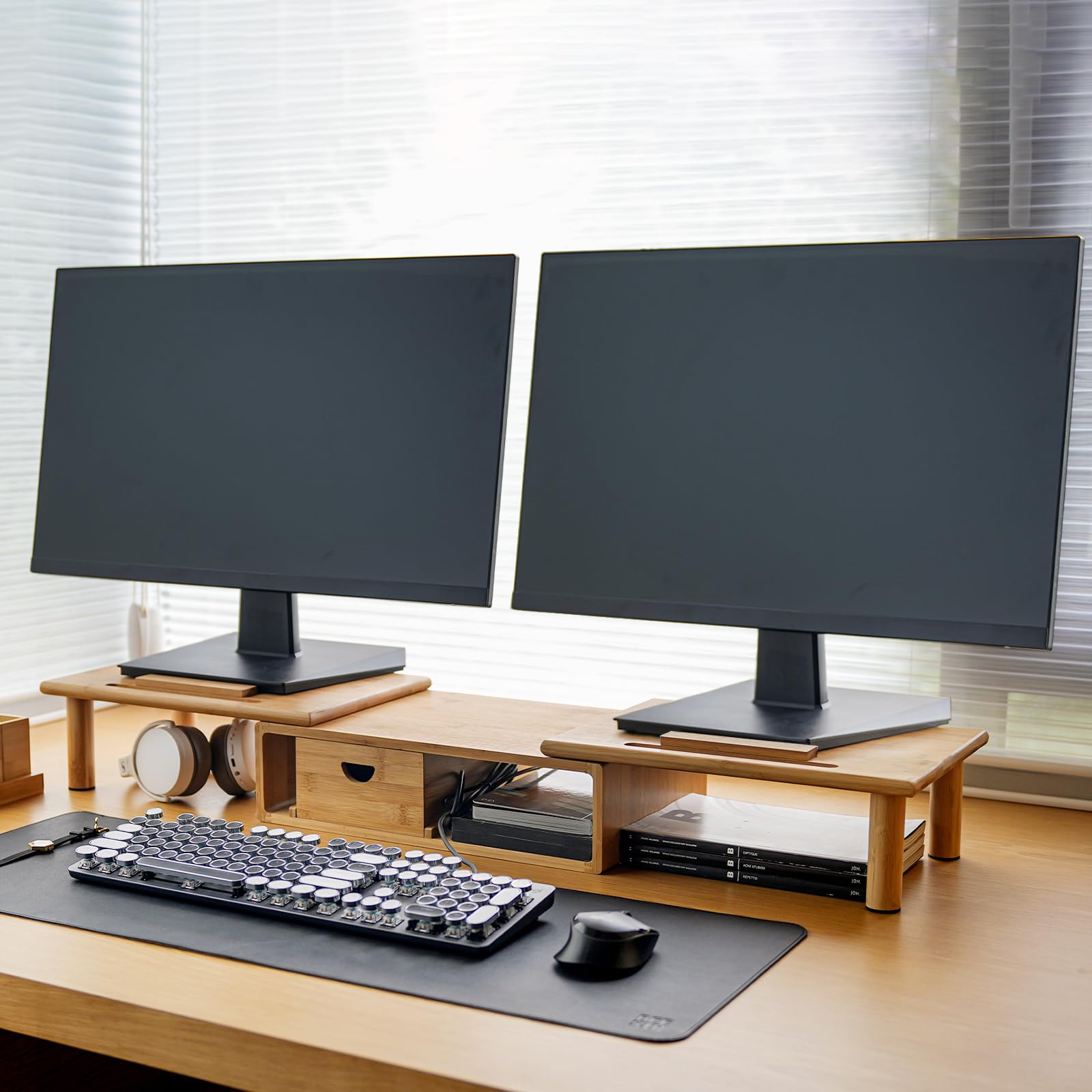 Adjustable Bamboo Dual Monitor Stand Riser with Storage Drawer - Ergonomic Desk Shelf for 2-3 Screens, Laptops, PC & TV - Perfect for Home Office, Gaming Setup & Workspace Organization (Natural Wood Finish)