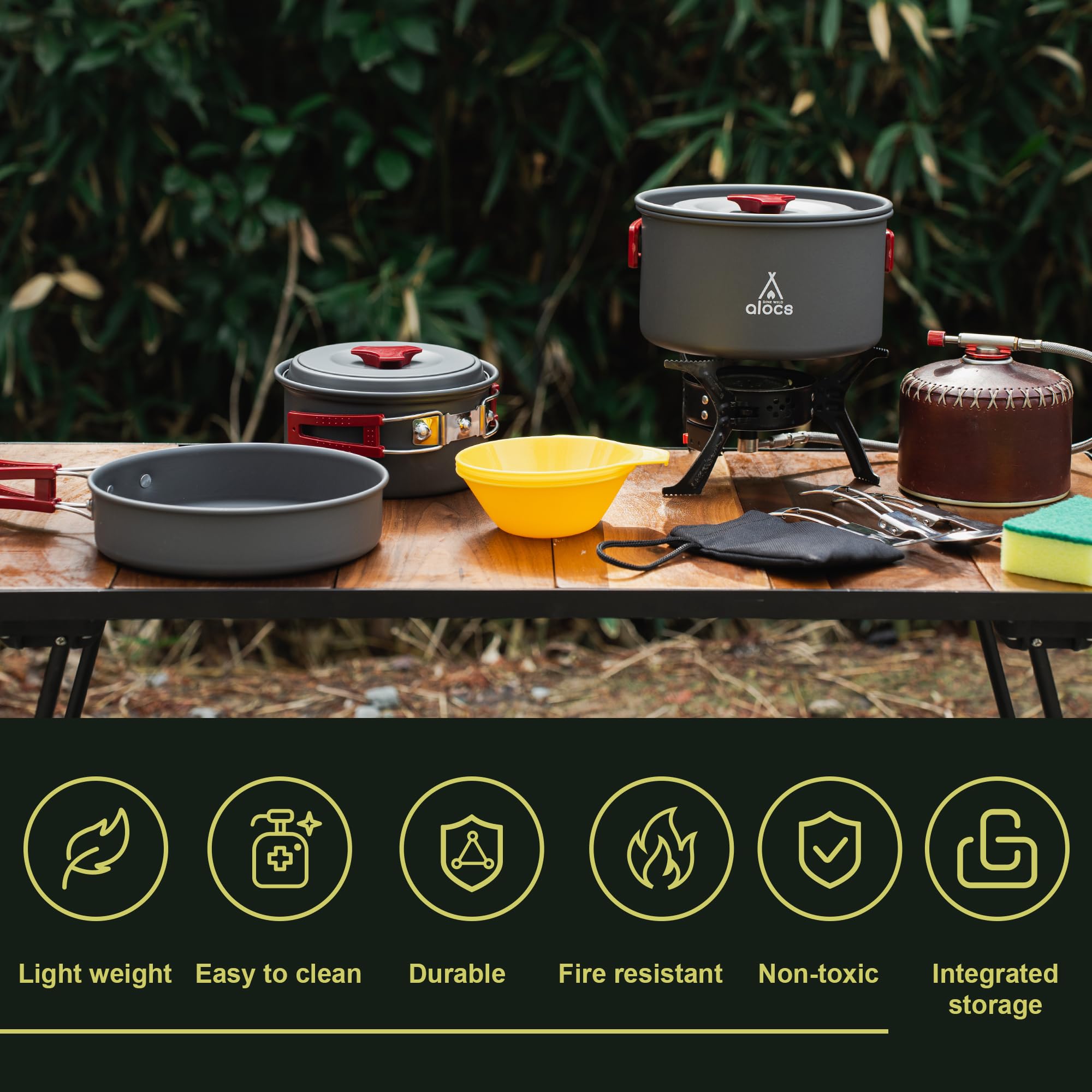 Alocs Lightweight Camping Cookware Set - Portable Outdoor Cooking Kit with Accessories for Backpacking, Hiking, Picnic & Camping | Durable Camp Stove Cookware for RV Trips, Family Campouts & Wilderness Adventures