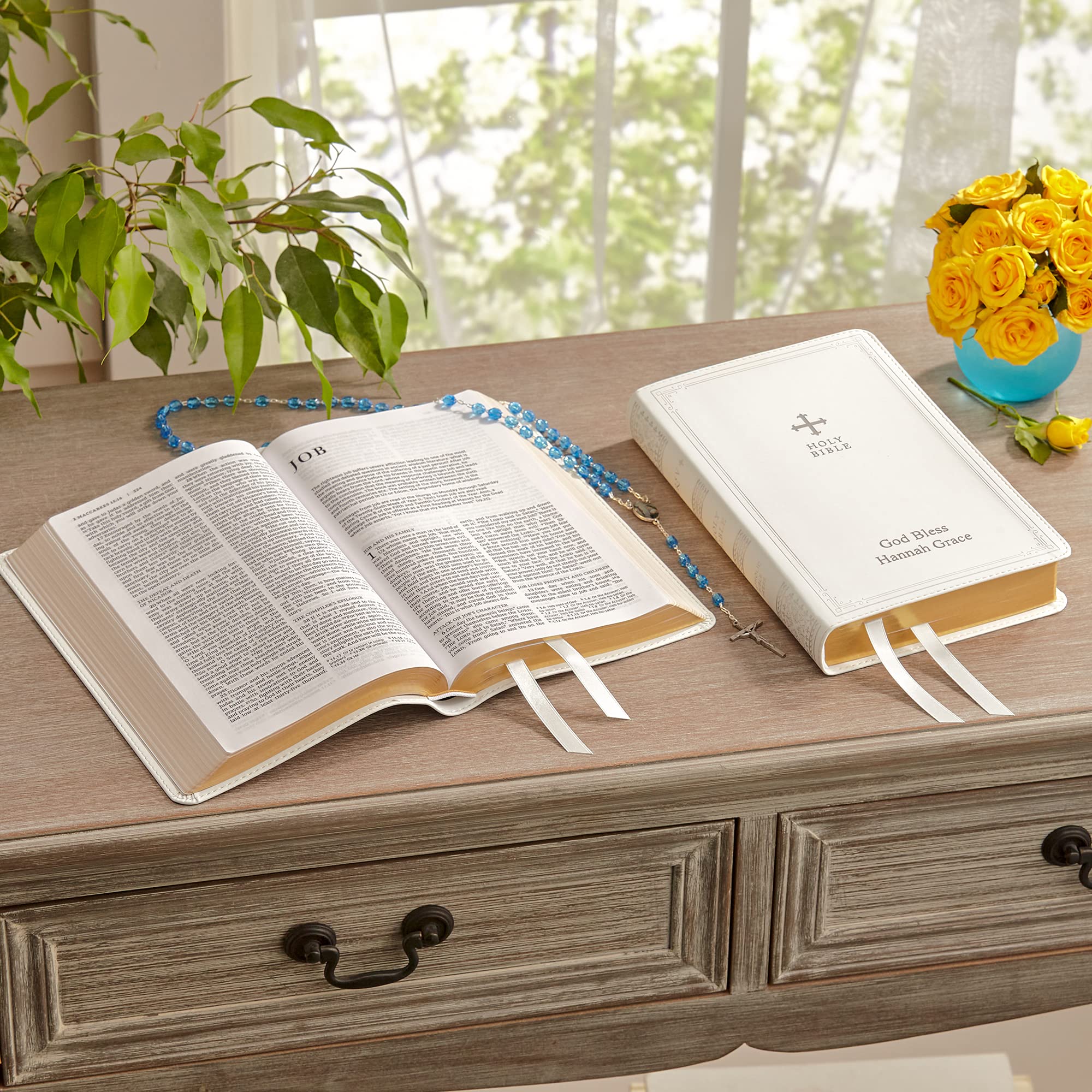 Personalized Catholic Bible - Custom Engraved New & Old Testament - White Cover - Faith Gift with Custom Message - 9.4