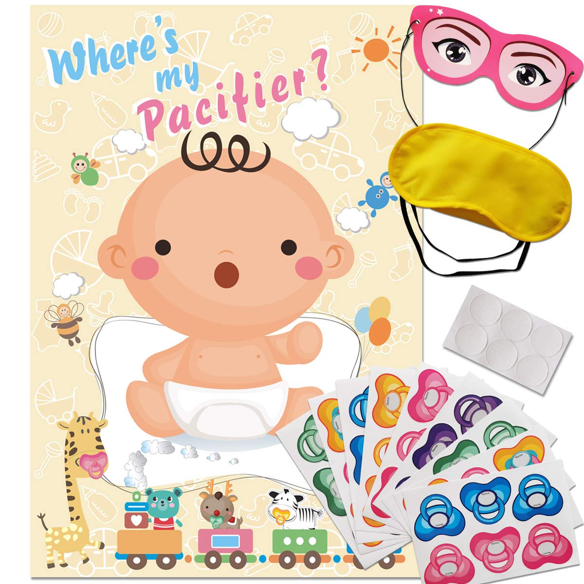 ADJOY Pin The Pacifier on The Baby Game - Fun Baby Shower Party Favors & Activities - Pin The Dummy on The Baby Game for Gender Reveal & Newborn Celebrations - Perfect for Baby Showers, Birthday Parties & Family Gatherings