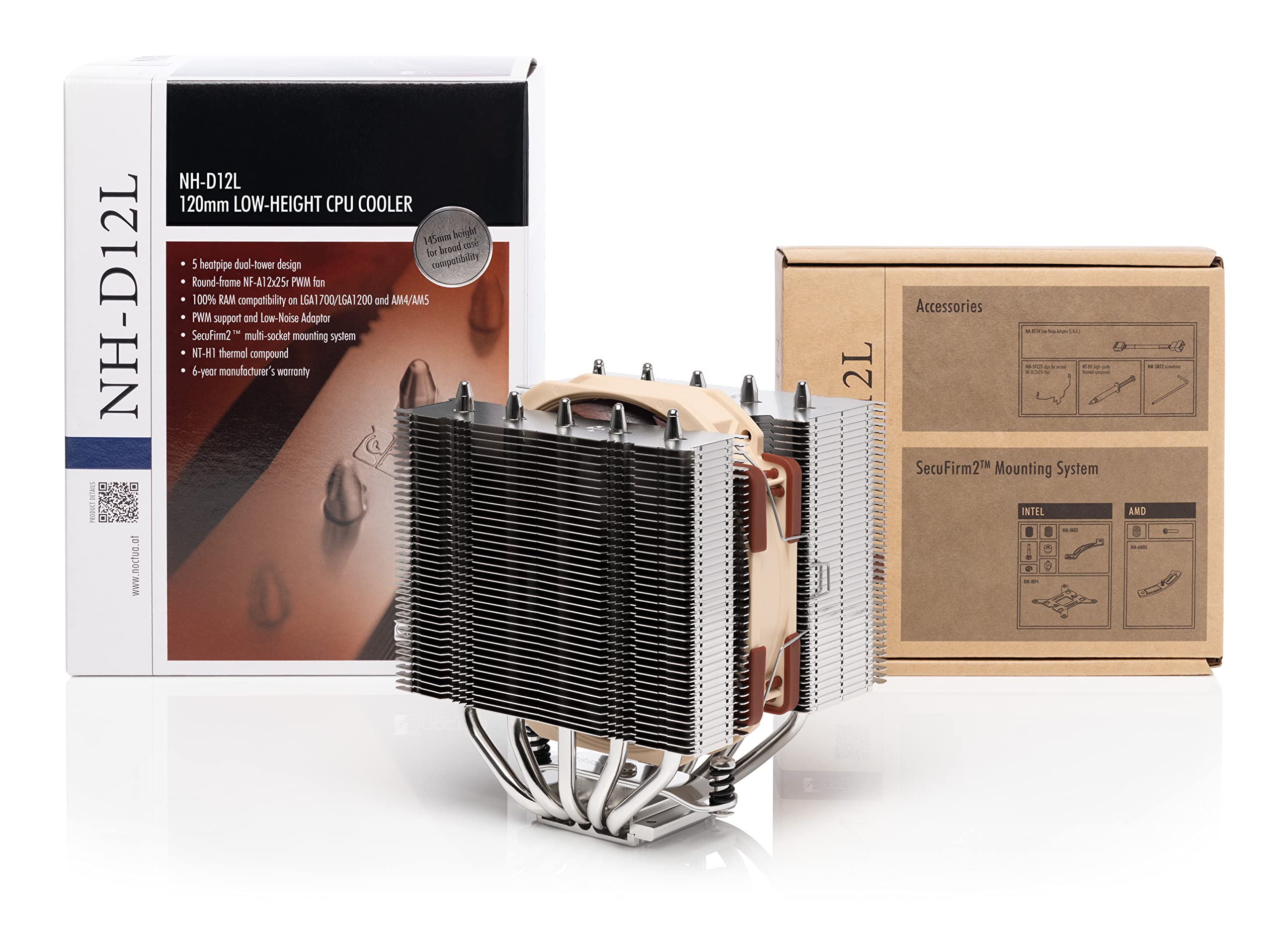 Noctua NH-D12L Low-Profile Dual-Tower CPU Cooler with 120mm PWM Fan - Premium Quiet Cooling for Intel/AMD CPUs - Perfect for Compact PC Builds & Small Form Factor Cases