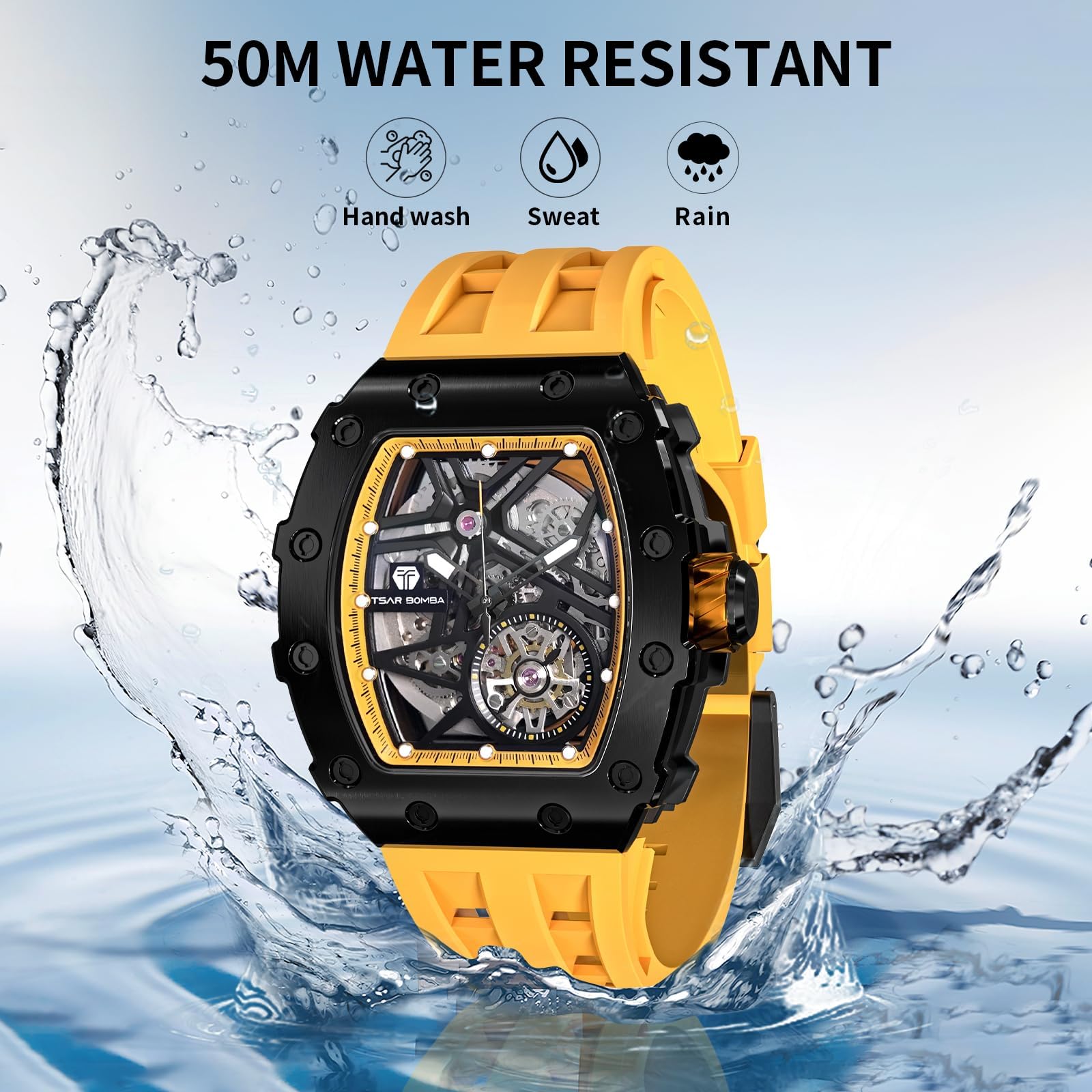 TSAR BOMBA Men's Luxury Automatic Skeleton Watch - Silver Square Big Face with Silicone Strap - 50M Waterproof Analog Watch for Business, Casual & Formal Wear - Unique Cool Gift for Men