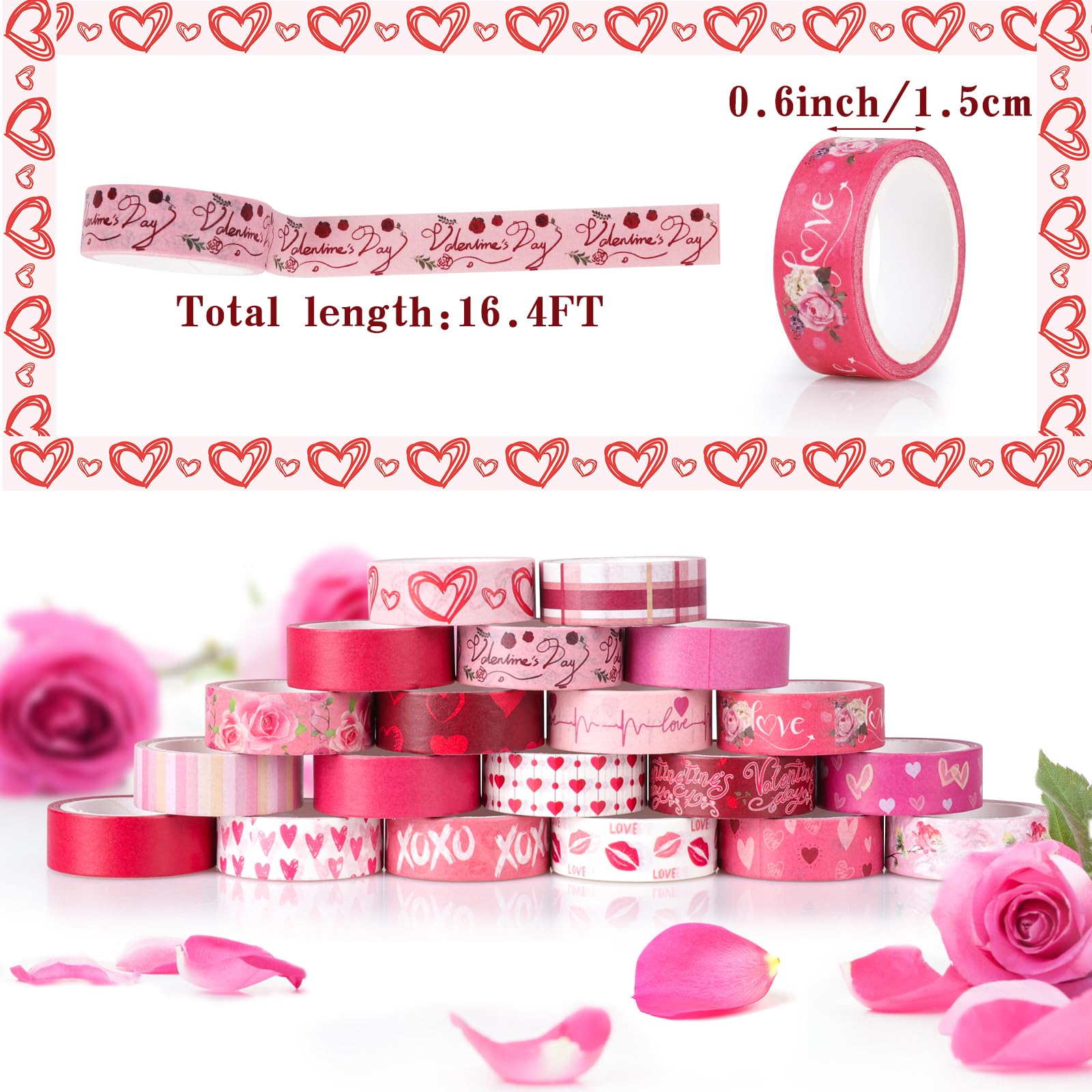20 Rolls Pink Heart Floral Washi Tape Set - Decorative DIY Masking Tape for Kids Crafts, Bullet Journals, Scrapbooking & Stamping - Perfect for Valentine's Day, School Projects, Home Decor & Gift Wrapping