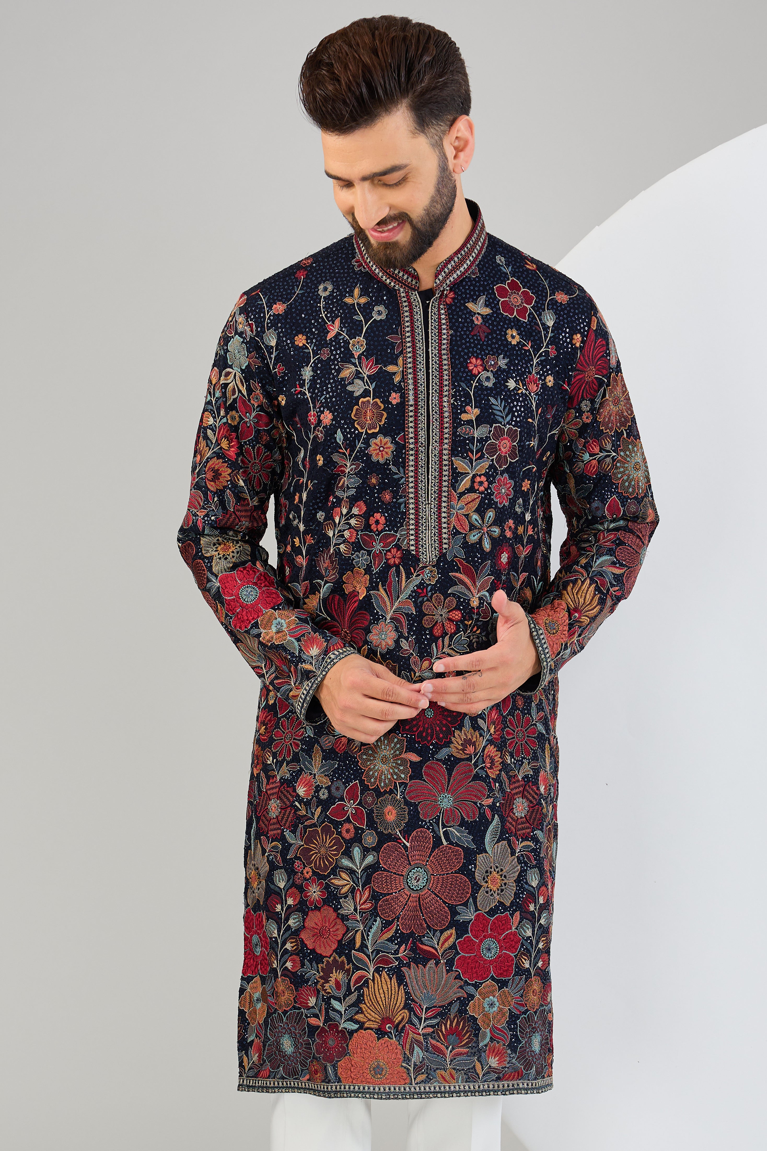 Elegant Navy Blue Chikankari Kurta with Floral Embroidery - Traditional Indian Tunic for Women - Perfect for Festivals, Weddings & Casual Wear