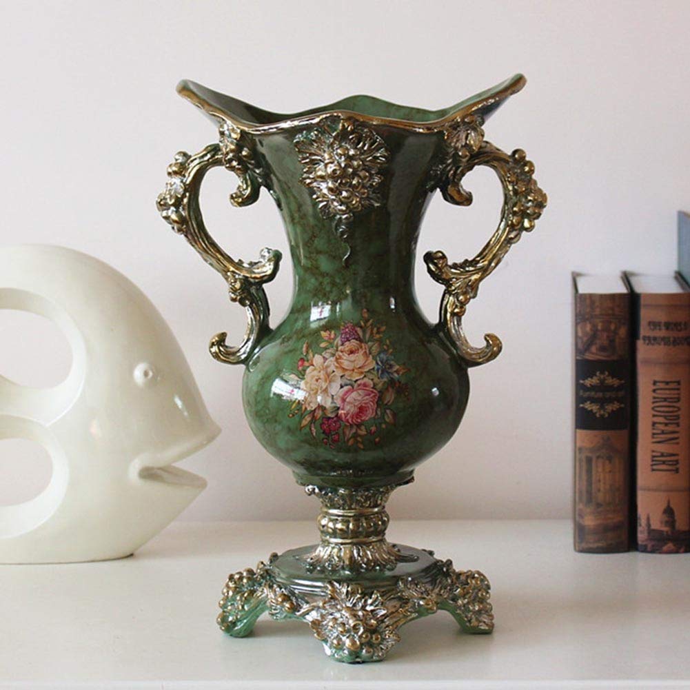 American-Style Farmhouse Resin Large Flower Vase - Hand-Painted Tall Decorative Vase for Home Decor (Green, 24×40×25cm) | Perfect for Living Room, Dining Table Centerpiece, Bedroom, Office & Hotel Decorations