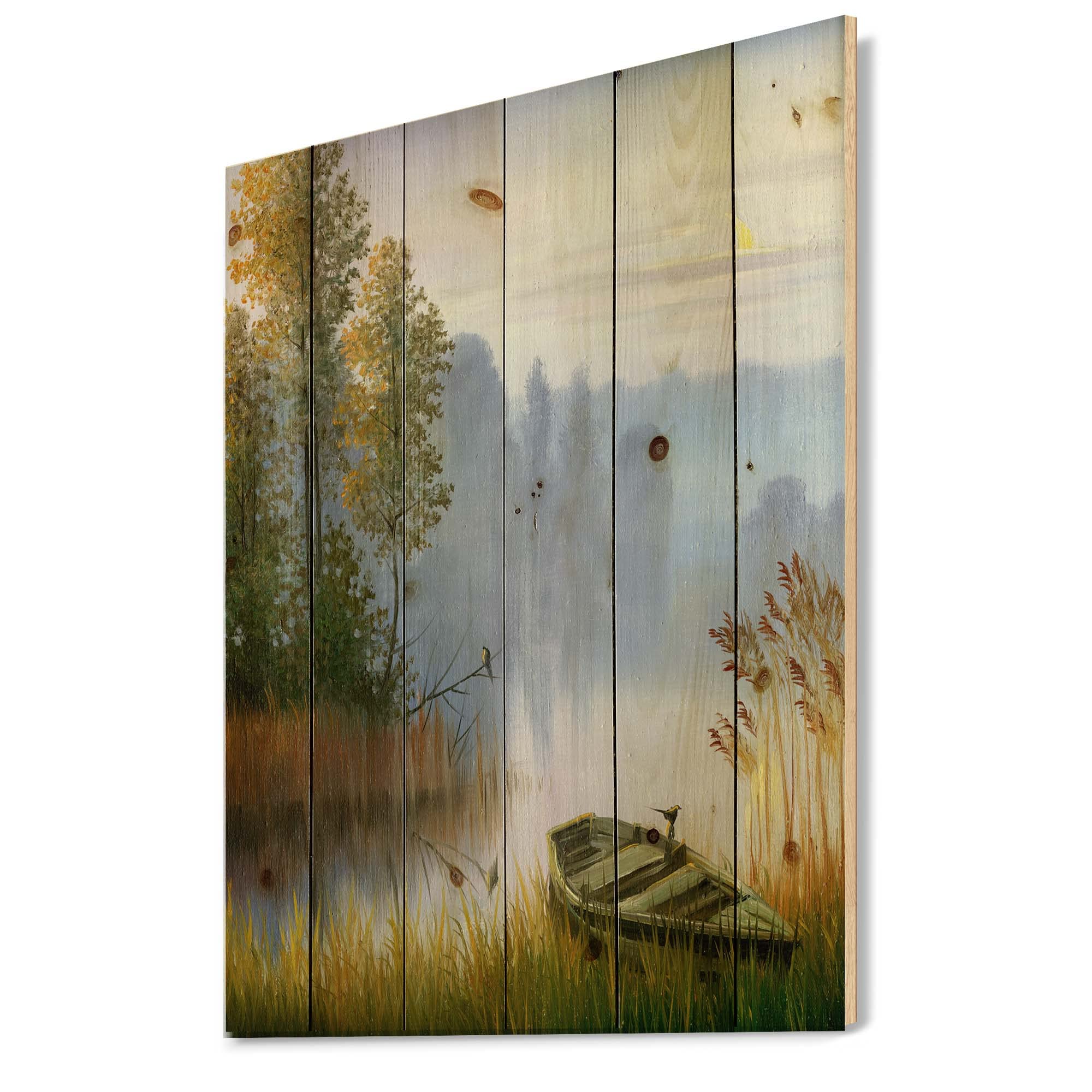 DesignQ Traditional Wood Wall Art - Lake Boat Landscape on Natural Pine Wood, Blue Wood Wall Decor for Living Room, Bedroom & Office