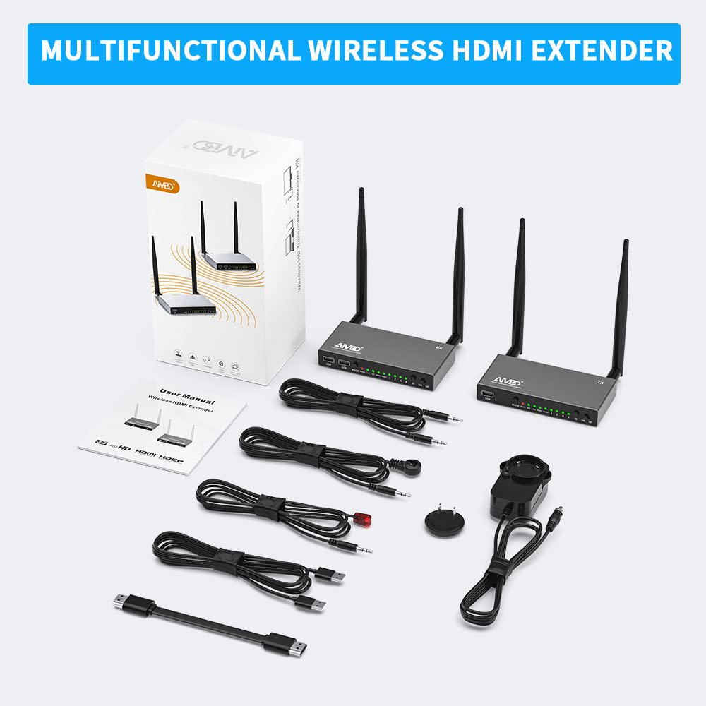 AIMIBO 5.8G Wireless HDMI Transmitter & Receiver Kit - 1080P Full HD Video & Audio Streaming, Supports Multiple TX/RX, KVM Function, IR Remote, Loop-Out, 656FT Range - Perfect for Home Theater, Gaming, Presentations with Laptop, Fire TV Stick, Satellite Box to TV/Projector
