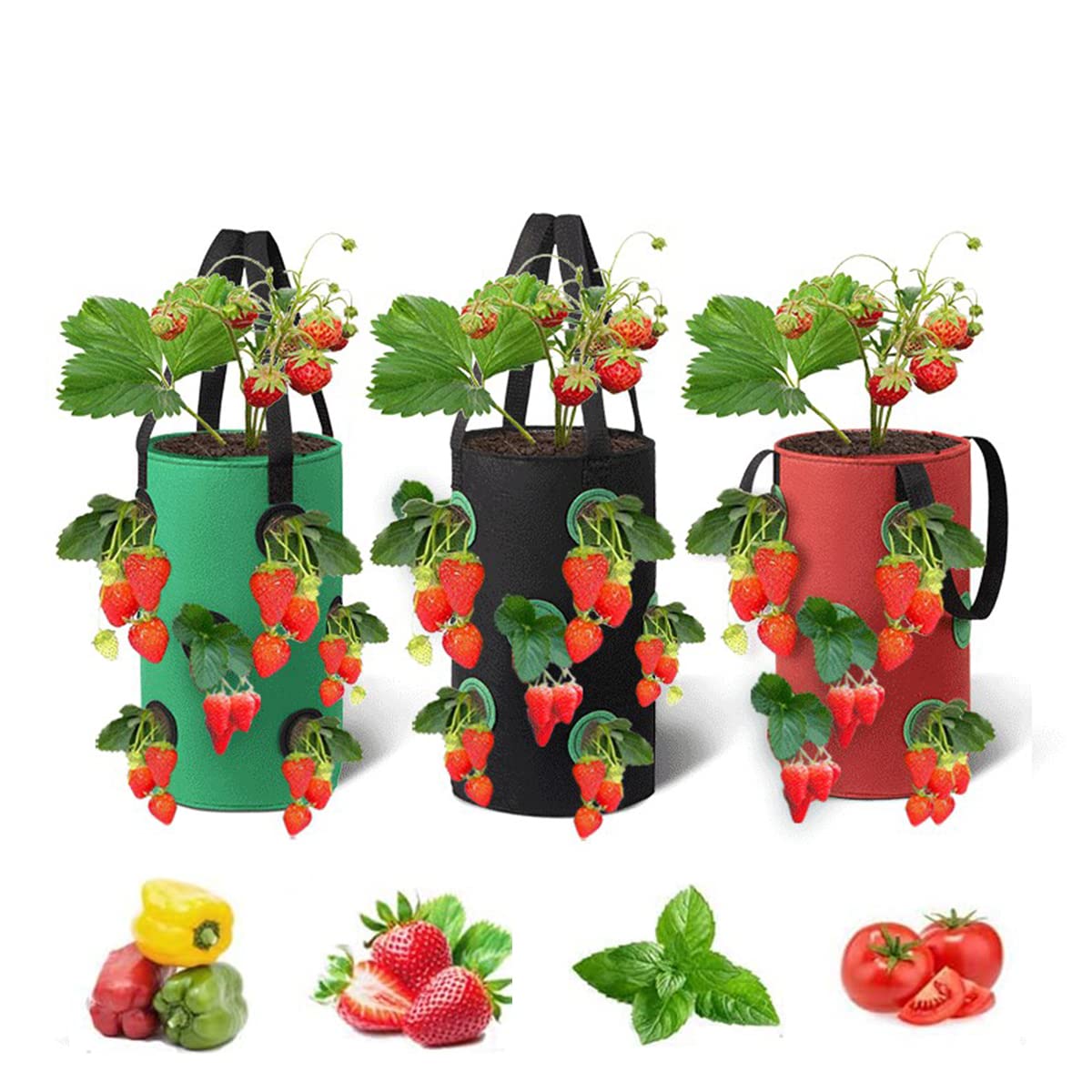 3 Pack 3 Gallon Hanging Strawberry Grow Bags with 12 Grow Pouches - Breathable Plant Growing Bags for Strawberries, Tomatoes, Herbs & Vegetables - Perfect for Balcony, Patio & Indoor Gardening