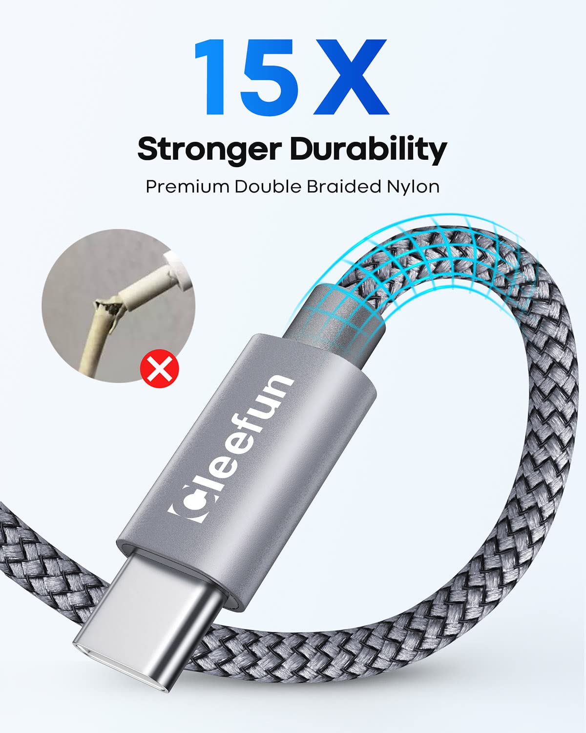 CLEEFUN 10ft USB C Cable 2-Pack, Fast Charging USB-C to USB-A Braided Cord for PS5 Controller, iPhone 15/16 Pro, Samsung Galaxy S24/S23/S22/S21/S20/S10/S9/S8, A51/A52/A53/A70 - Durable Grey Nylon - Perfect for Gaming, Travel & Home Charging