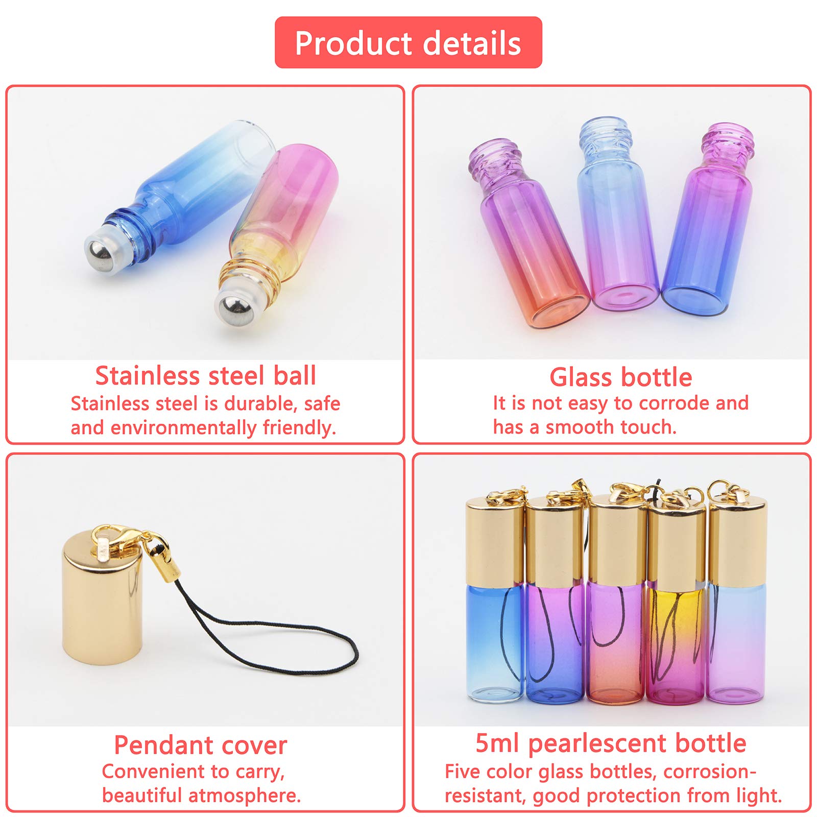 15 Pack 5ml Stainless Steel Ball Roller Bottles with Gold Cap - Gradient Color Glass Essential Oil Roller Bottles for Perfume, Aromatherapy & Organic Oils - Includes 1 Opener + 2 Funnels - Perfect for DIY Essential Oil Blends, Travel & Gift Giving