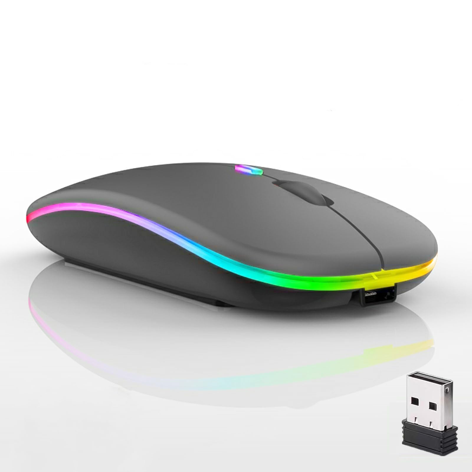 Wireless Bluetooth Mouse with LED, Rechargeable Dual Mode Silent Slim Mouse for Laptop - BT5.2 & USB Receiver, Portable Computer Mouse for PC, Mac, iPad, Tablet, Phone & TV - Perfect for Office, Home & Travel Use (Grey)