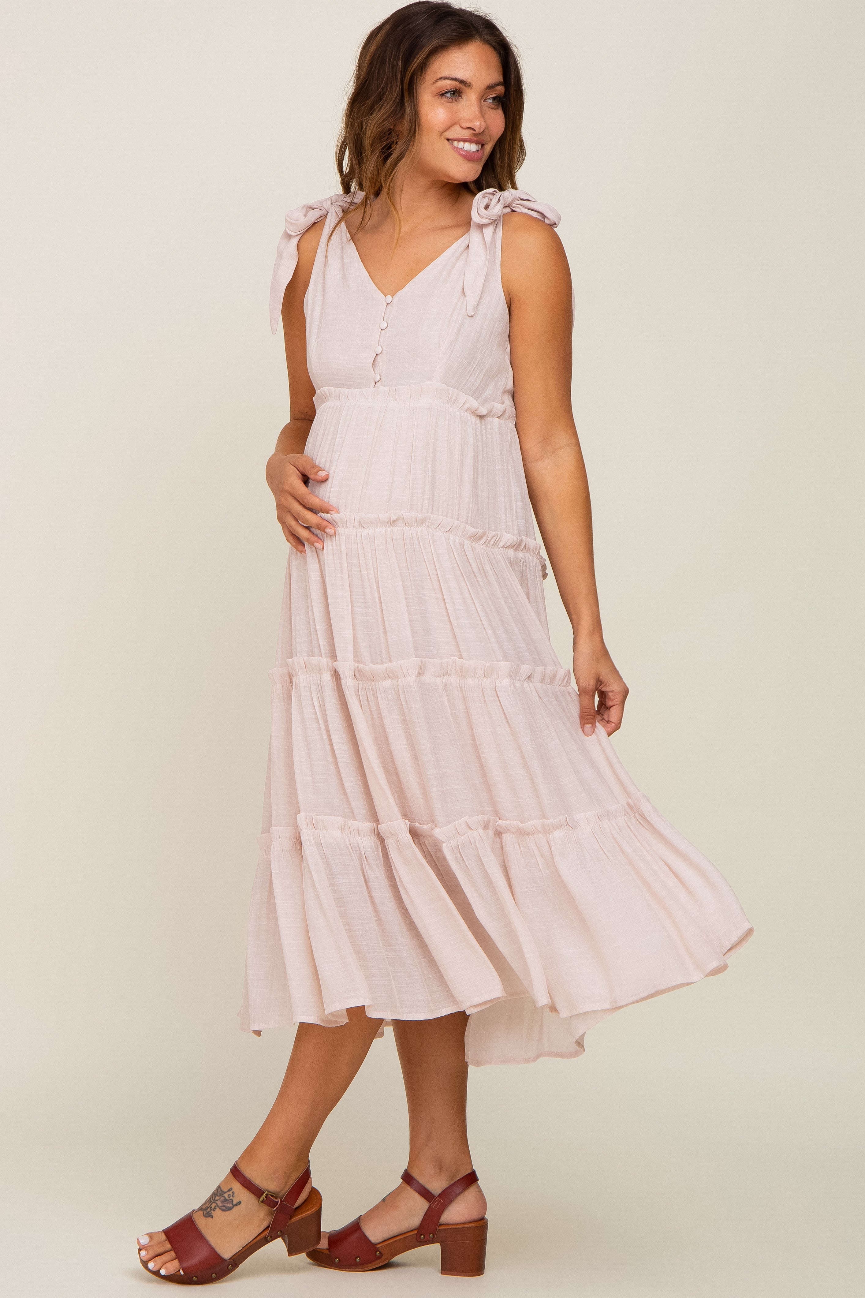 Beige Linen Maternity Dress with Button Front, Shoulder Tie & Tiered Skirt - Comfortable Mid-Length Pregnancy Dress for Baby Shower, Maternity Photo Shoot & Summer Outings