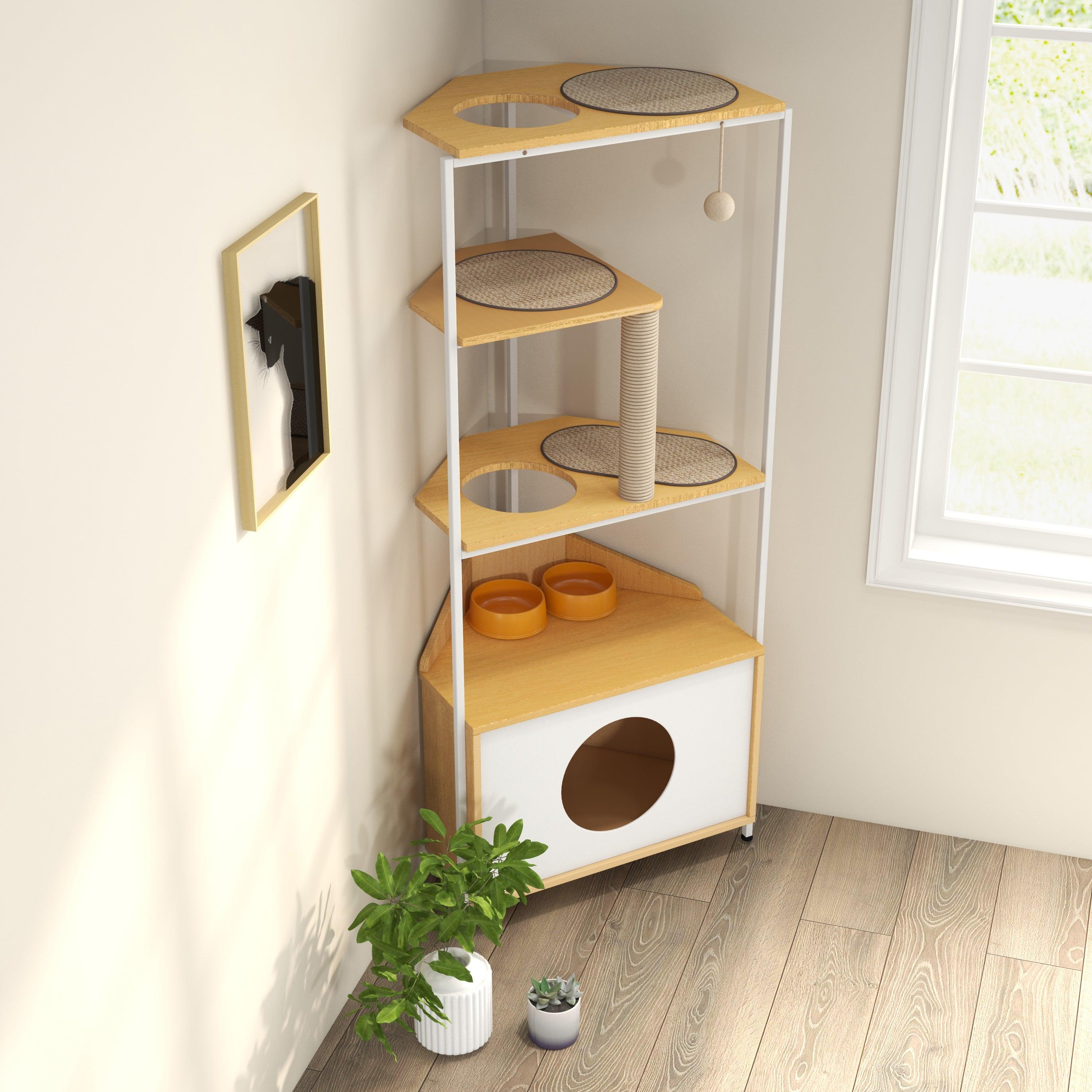 Premium Cat Tree with Scratching Post & Climbing Platforms - Multi-Level Cat Condo with Feeding Station - Sturdy Corner Cat Tower for Indoor Cats - Perfect for Play, Rest & Feeding in Small Spaces