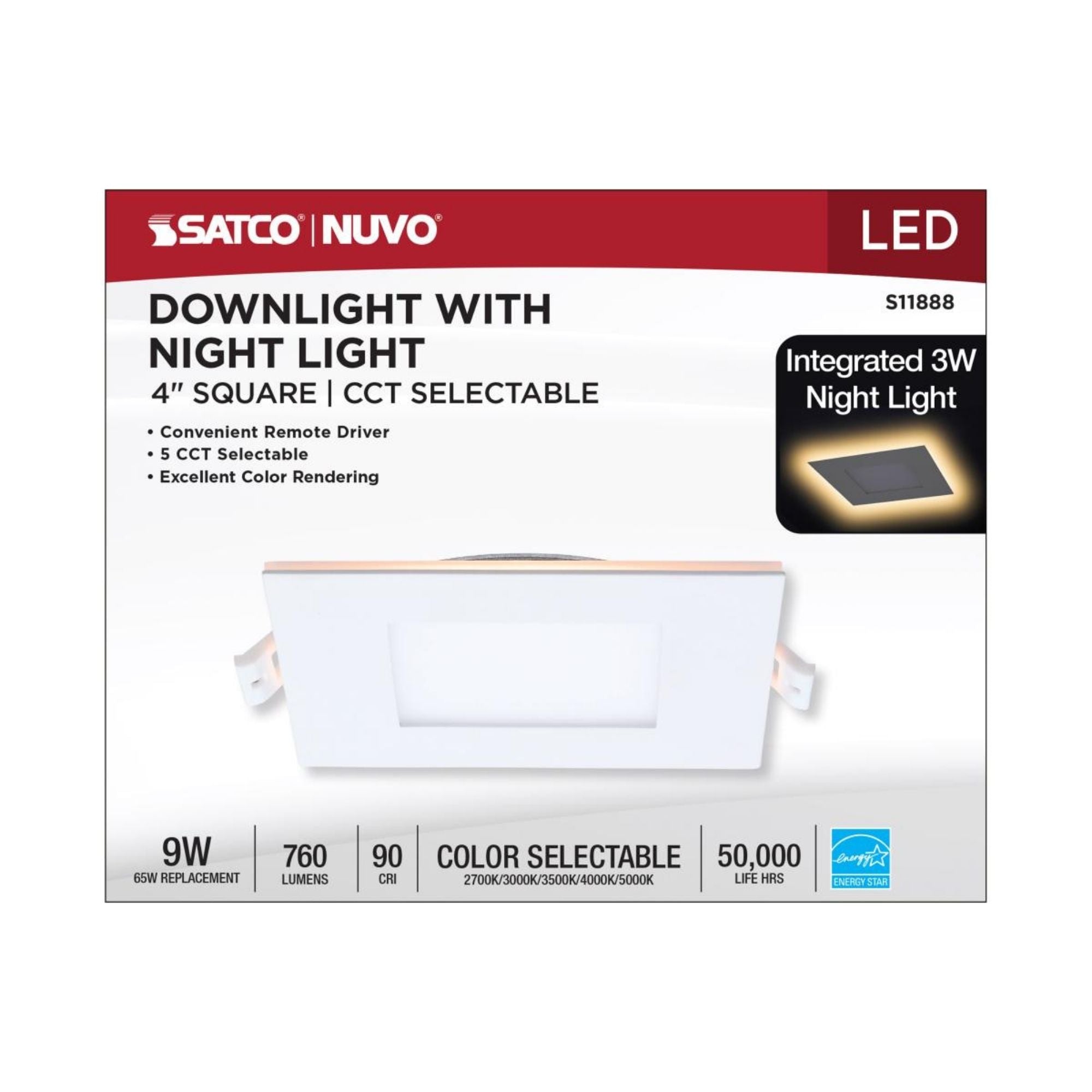 4 Pack LED Downlight with Night Light, 760 Lumens, Dimmable, Selectable Color Temperature (2700K-5000K), White Square Trim - Perfect for Bedroom, Kitchen, and Hallway Lighting
