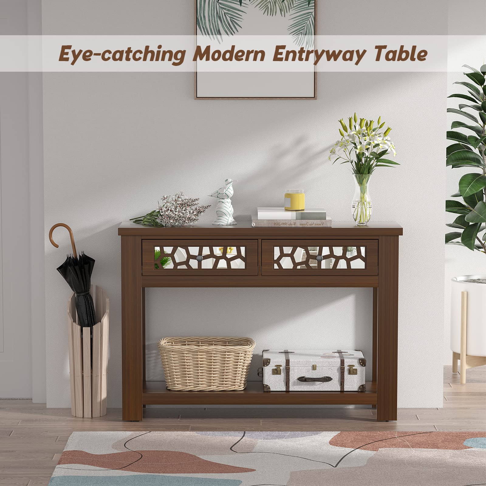 Giantex 2-Tier Wooden Console Table with 2 Drawers & Open Shelf - Rustic Brown Entryway Table for Living Room, Hallway & Foyer - Easy Assembly Rectangular Accent Table for Home Decor & Storage