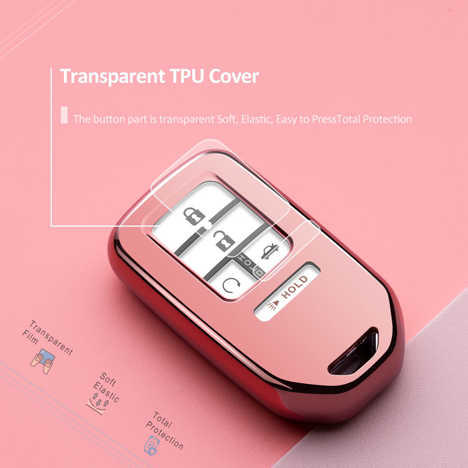 Pink TPU Key Fob Cover for Honda Civic Accord CR-V Pilot Odyssey - Durable Car Key Case Protector with Keychain | Perfect for Honda Owners to Protect & Personalize Vehicle Keys