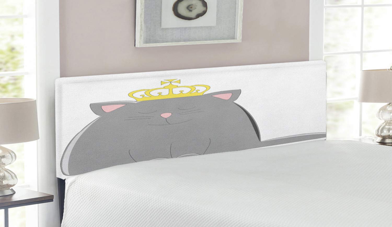 Lunarable Cartoon Cat Headboard with Crown Print - Charcoal Grey Upholstered Metal Bed Frame with Memory Foam, Queen Size in Grey Rose Yellow | Perfect for Kids' Bedrooms & Whimsical Home Decor