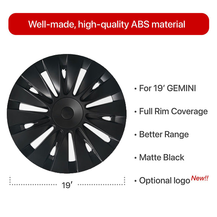 Tesla Model Y 19 Inch Gemini Wheel Covers (4-Piece Set) - Sleek Matte Black Induction Style Hub Caps - Perfect for Protection & Aesthetic Upgrade on Model Y 2017-2023