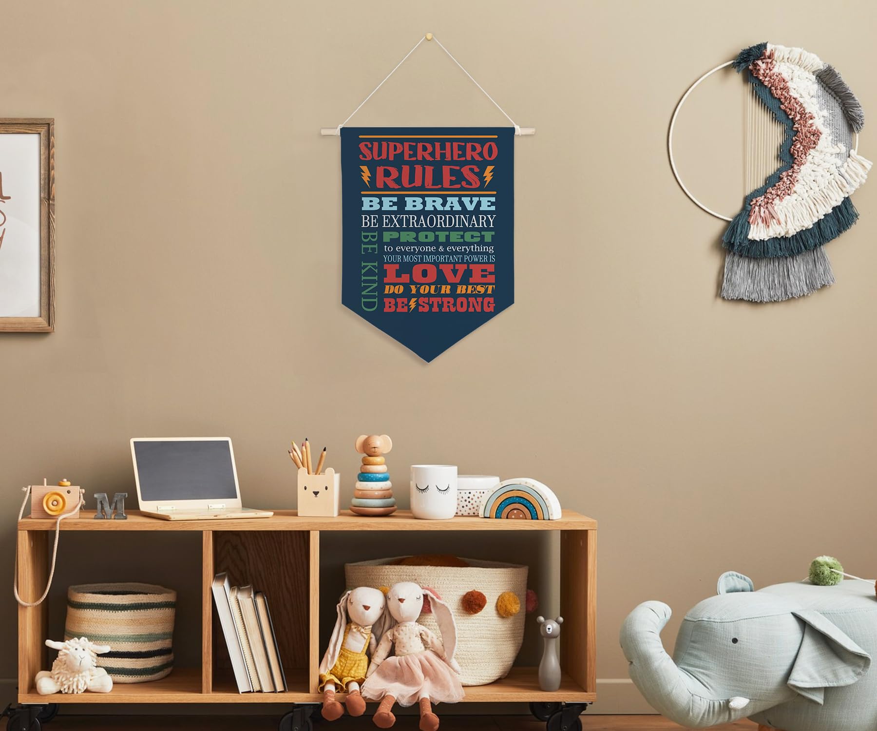 QODUNG Avengers Superhero Rules Inspirational Quote Wall Decor - Canvas Banner for Boys Bedroom, Playroom, Kids Room & Toddler Nursery | Perfect for Superhero Themed Parties & Marvel Fan Gifts