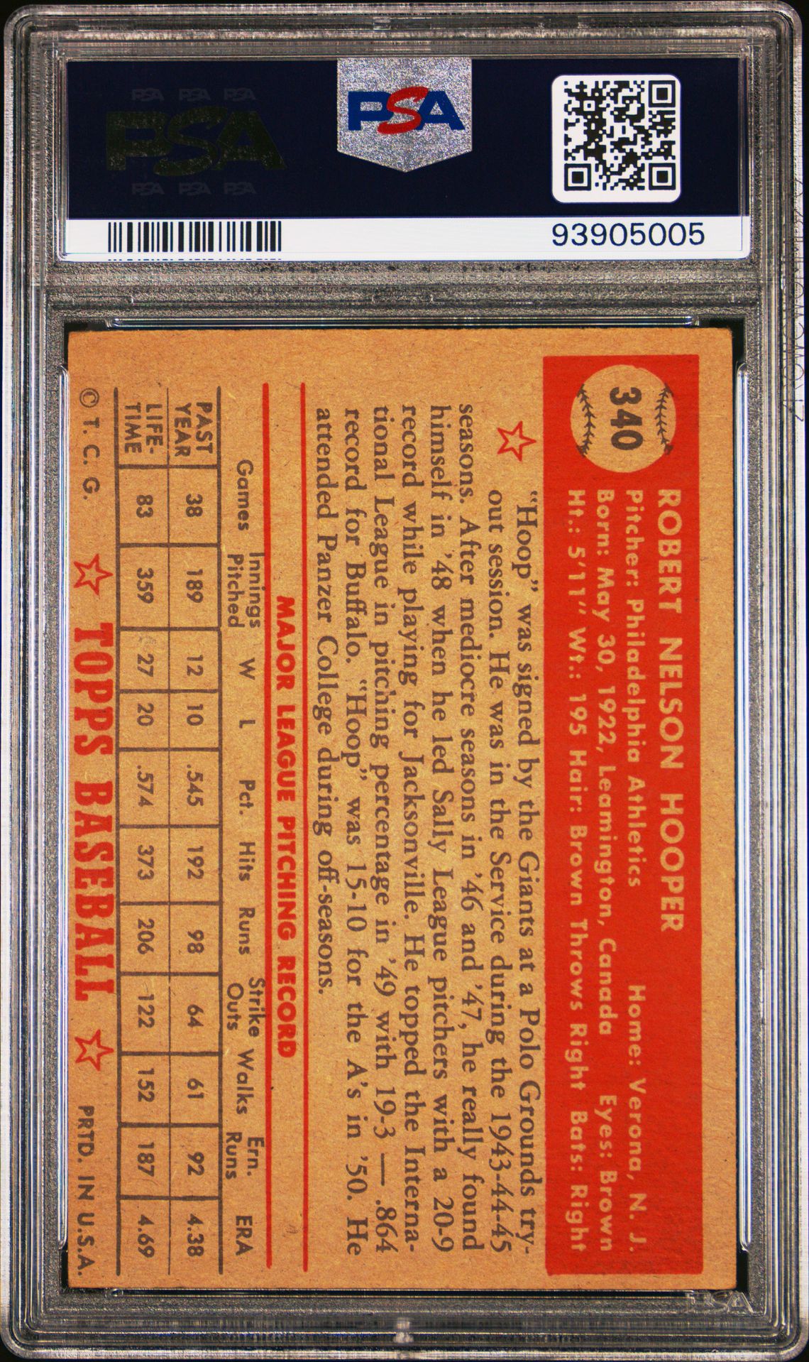 1952 TOPPS #340 Bob Hooper Athletics PSA 3 Graded Baseball Card - High Series #93905005 | Vintage Sports Collectibles for Display & Investment