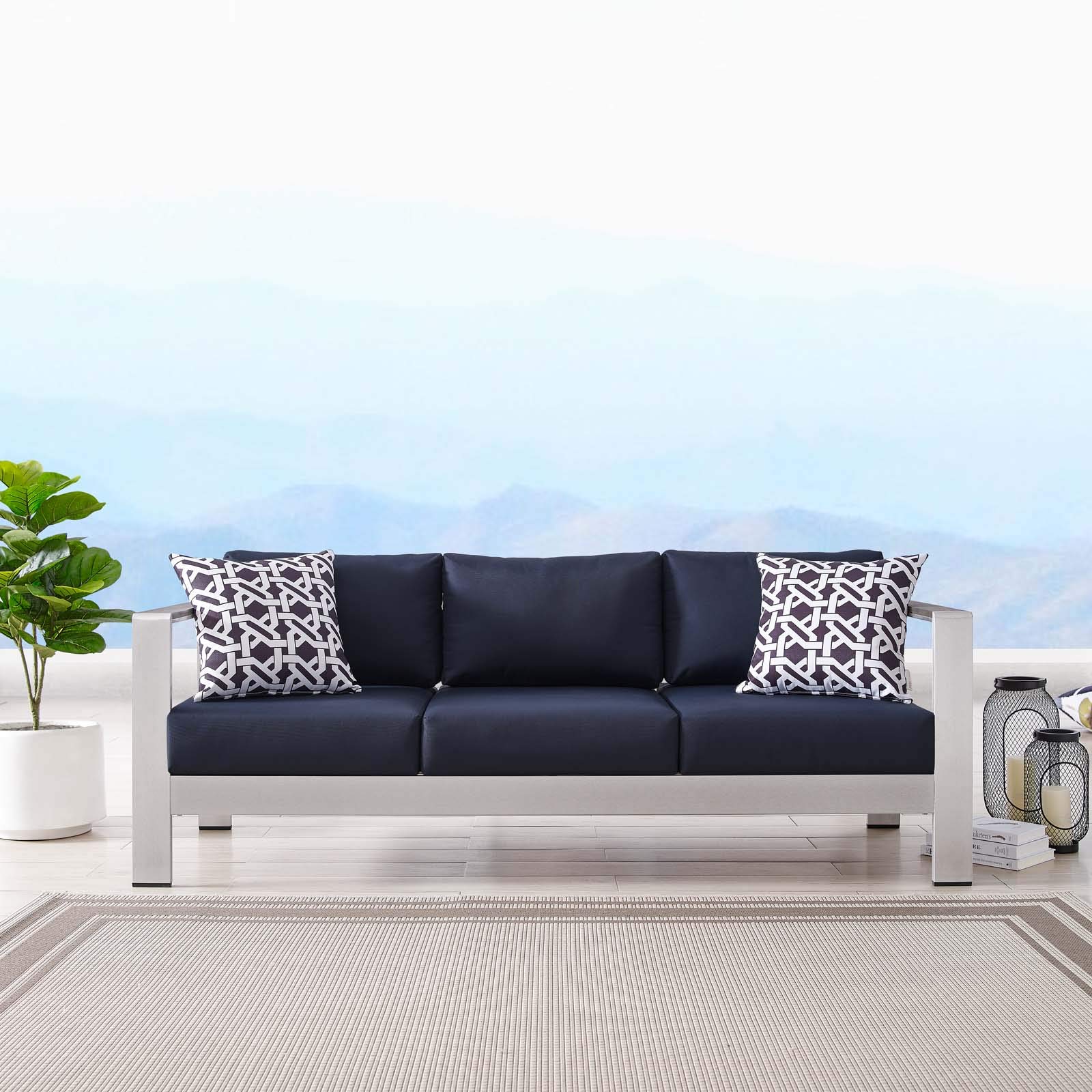 Modway Shore Aluminum Metal Outdoor Patio Sofa Set with Silver Navy All-Weather Cushions - Durable Weather-Resistant Furniture for Backyard, Garden & Poolside Relaxation
