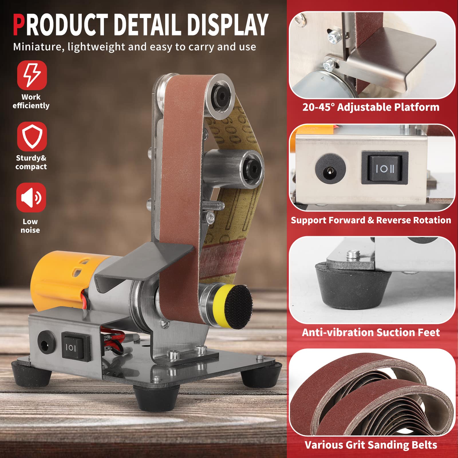SI FANG 7-Speed Adjustable Electric Belt Sander - 13x1.2 Inch Mini Power Sanding Machine for Knife Sharpening, Wood & Metal Polishing - Perfect for DIY Crafts, Jewelry Making & Model Building - Home Workshop & Professional Bench Grinding Tool
