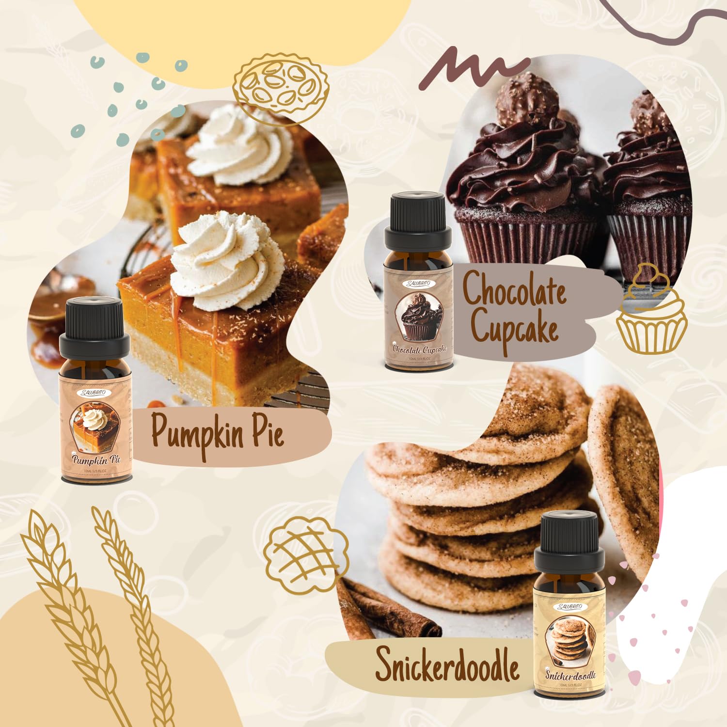 Premium Bakery Fragrance Oils Set - Pumpkin Pie, Chocolate Cupcake, Snickerdoodle, Gingerbread, Creamy Vanilla, Sugar Cookies Scents for Candle Making, Soap Crafting & Diffusers - Perfect for Home, Spa and DIY Gift Projects