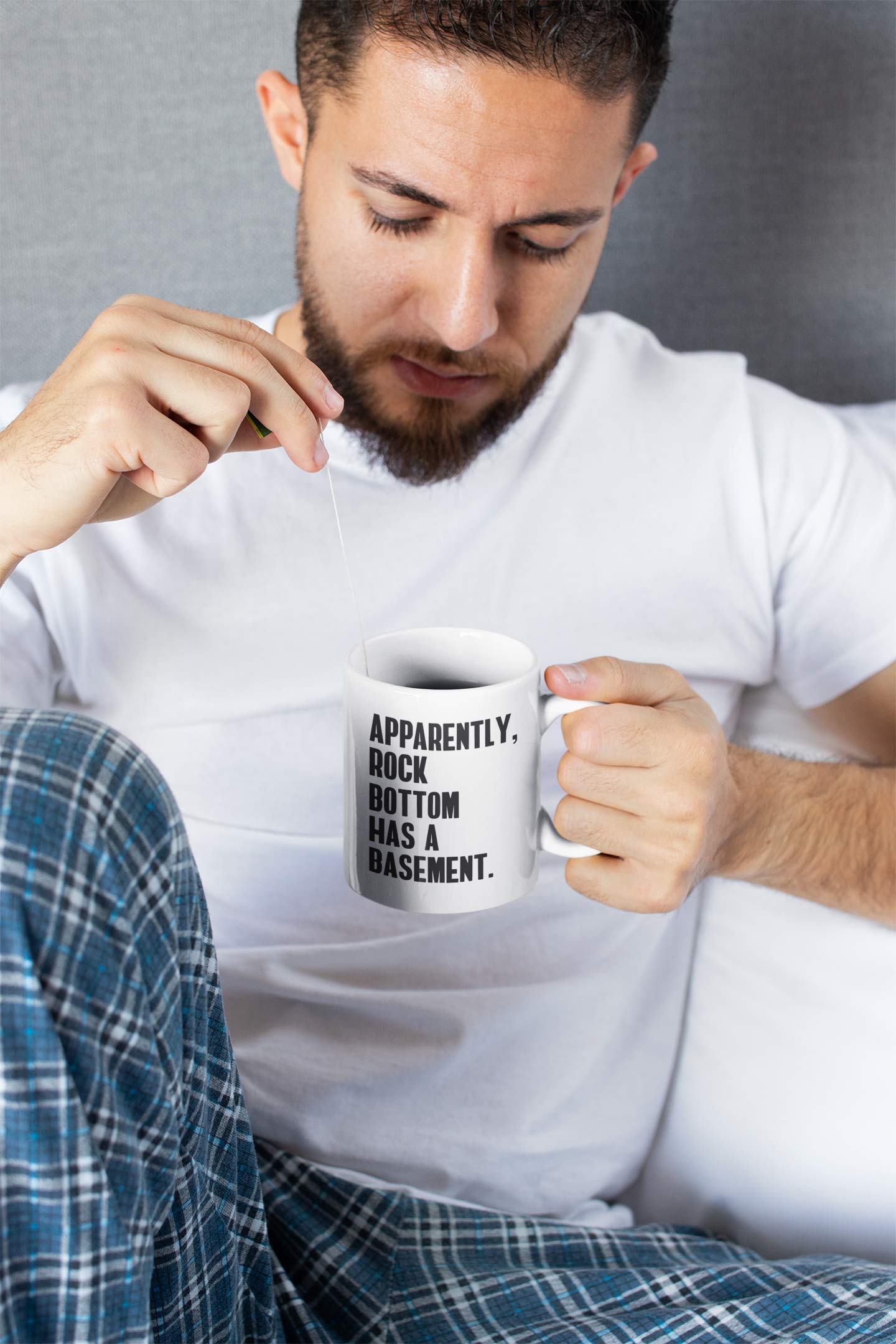 Rock Bottom Has Basement Sobriety & Recovery Coffee Mug - 11oz Inspirational Gift for Alcoholics Anonymous, AA Meetings & Sober Living - Perfect for Tea & Coffee Lovers in Recovery