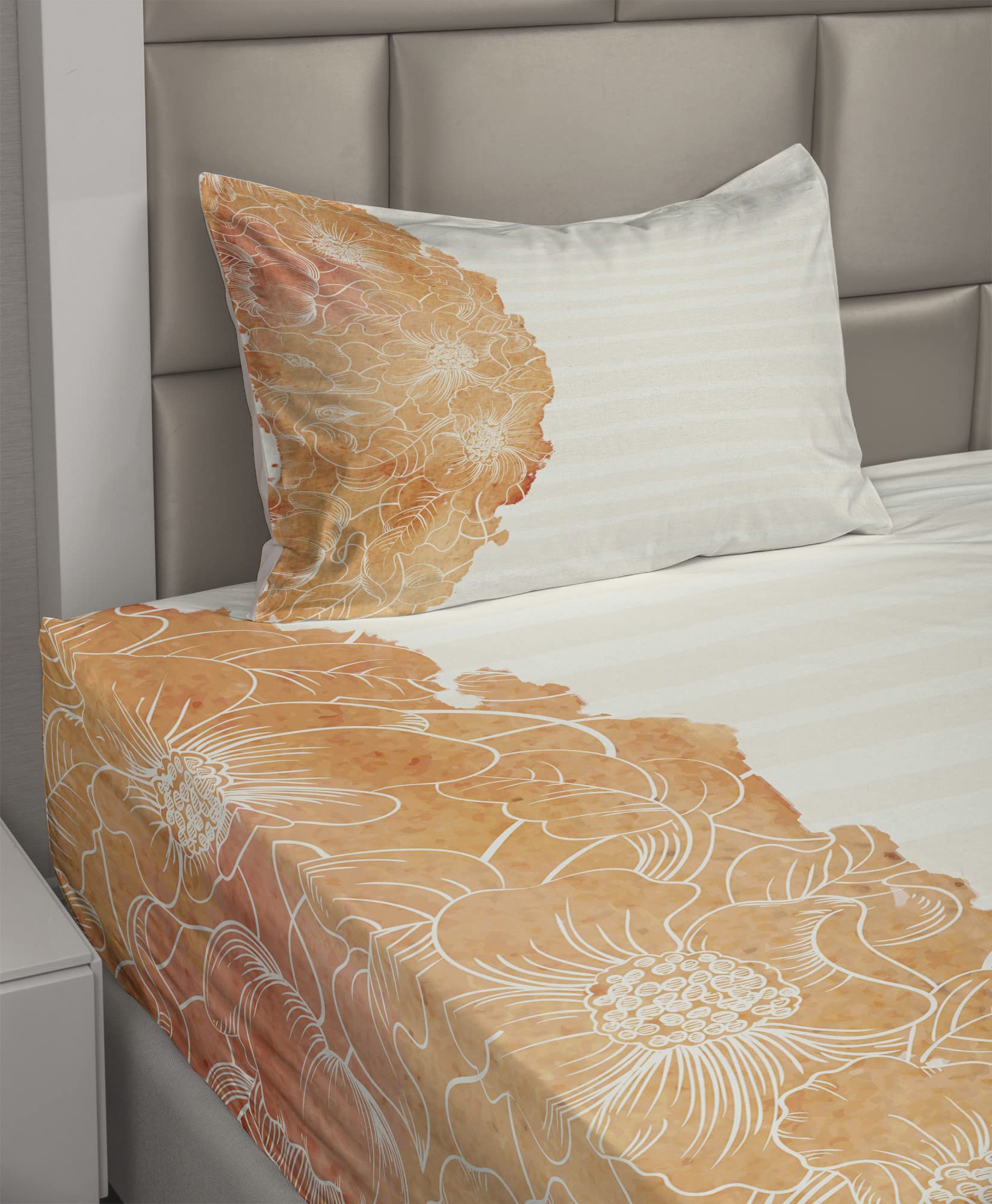 Ambesonne 3-Piece Floral Bedding Set - Tropical Hawaiian Island Flower Design with Abstract Striped Backdrop, Twin XL, Vermilion | Soft & Breathable Sheets for Guest Rooms, Dorms, Vacation Homes