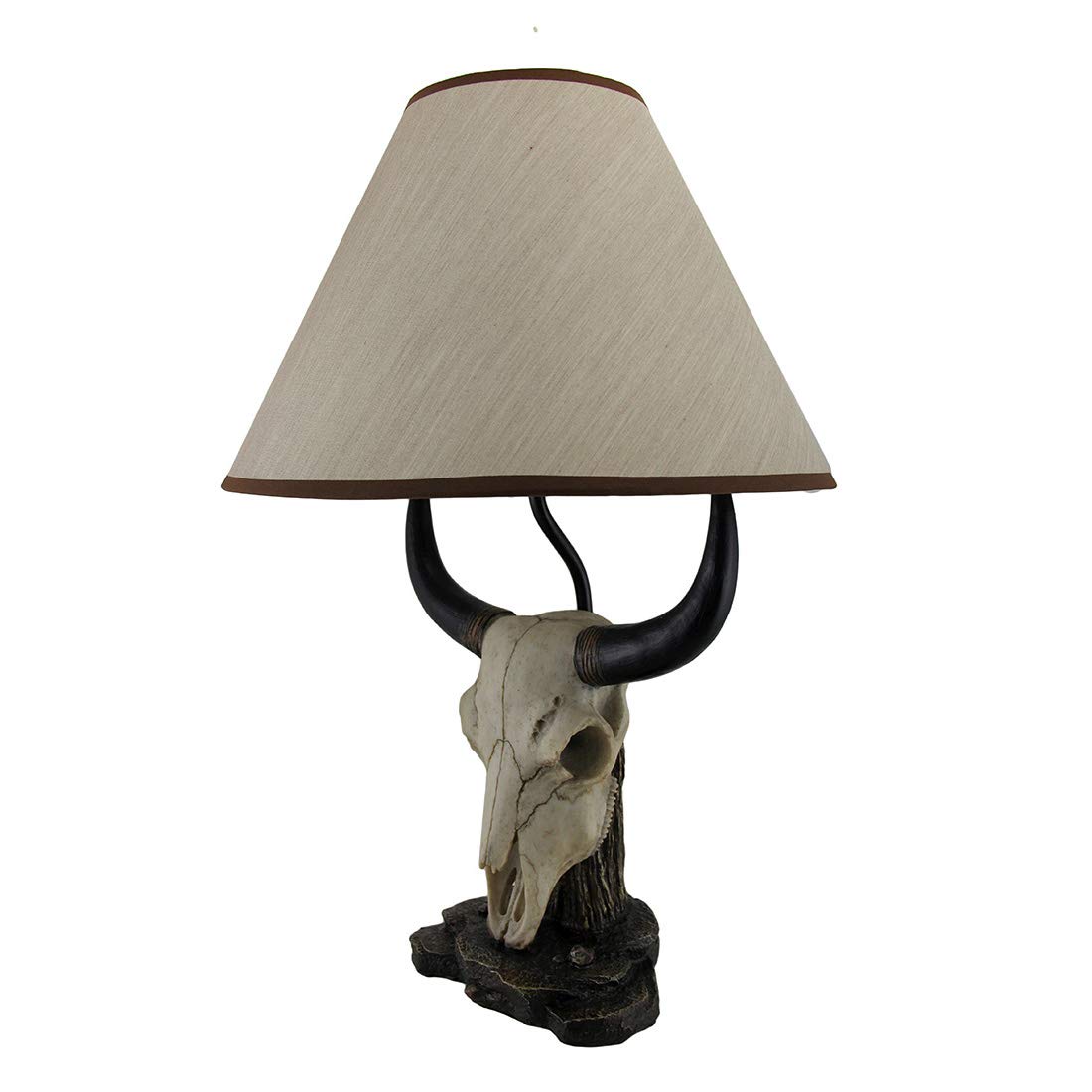 Set of 2 Cast Resin Cow Skull Table Lamps with 8-Inch Fabric Shades - 19.5 Inch Rustic Ranch Decor for Western Home, Farmhouse Living Room & Cowboy Themed Bedroom - Perfect for Southwestern Style Interior Design