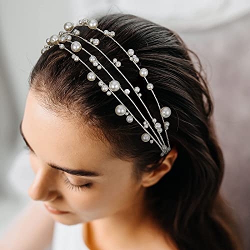 Elegant AW BRIDAL Pearl Headband & Tiara Crown for Women - Silver Wedding Hair Accessories for Bride & Bridesmaids | Perfect for Bridal Showers, Weddings & Formal Events