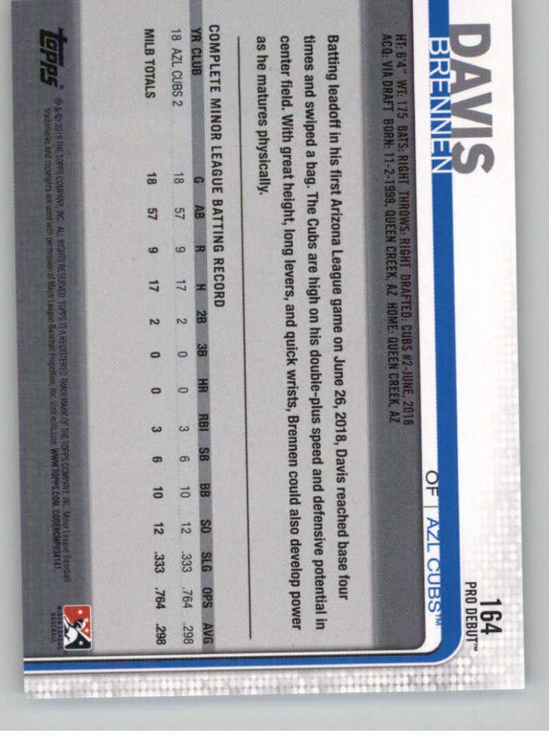 2019 Topps Pro Debut Brennen Davis Baseball Card #164 - Cubs AZL for Collectors & Fans