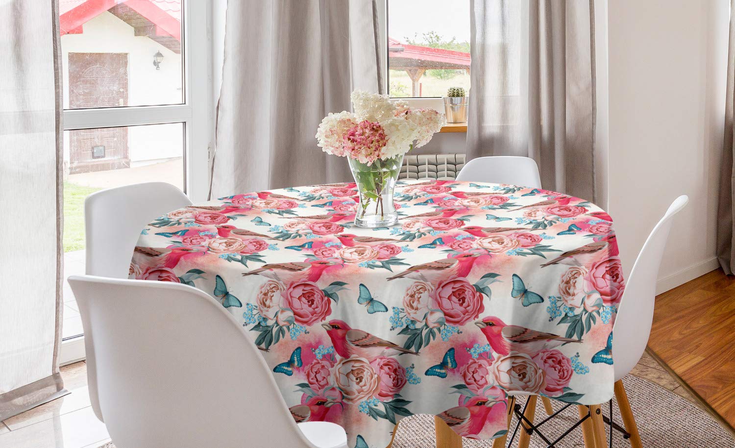 Ambesonne Vintage Pastel Floral Round Tablecloth - 60 Inch Pink & Blue Romantic Design with Finch Birds, Roses & Butterflies - Perfect for Weddings, Dining Room & Kitchen Decor