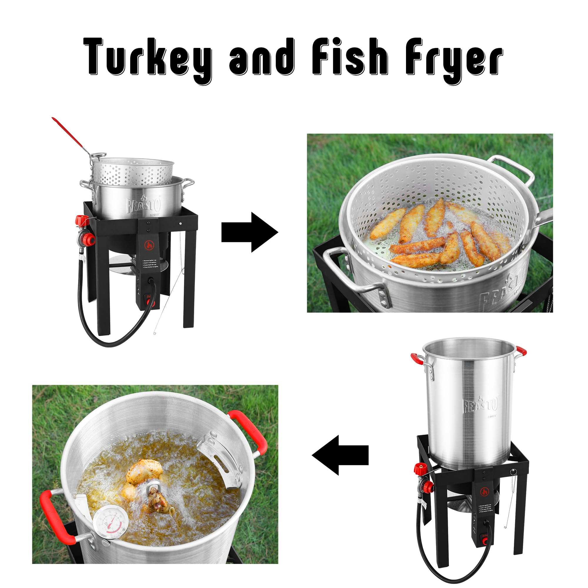 30 Qt Turkey Fryer Kit with Basket & 10QT Fish Fryer - 50,000 BTU Outdoor Propane Burner with Auto Ignition - CSA Certified for Safe Cooking - Perfect for Thanksgiving, Camping, Backyard BBQs & Outdoor Gatherings