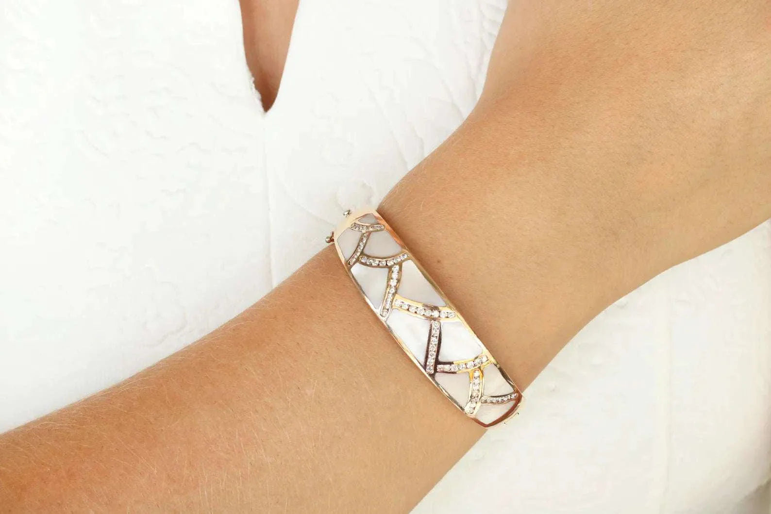 14K Rose Gold Mother of Pearl & Diamond Bangle Bracelet - Elegant Jewelry for Women, Perfect for Weddings, Anniversaries, and Special Occasions