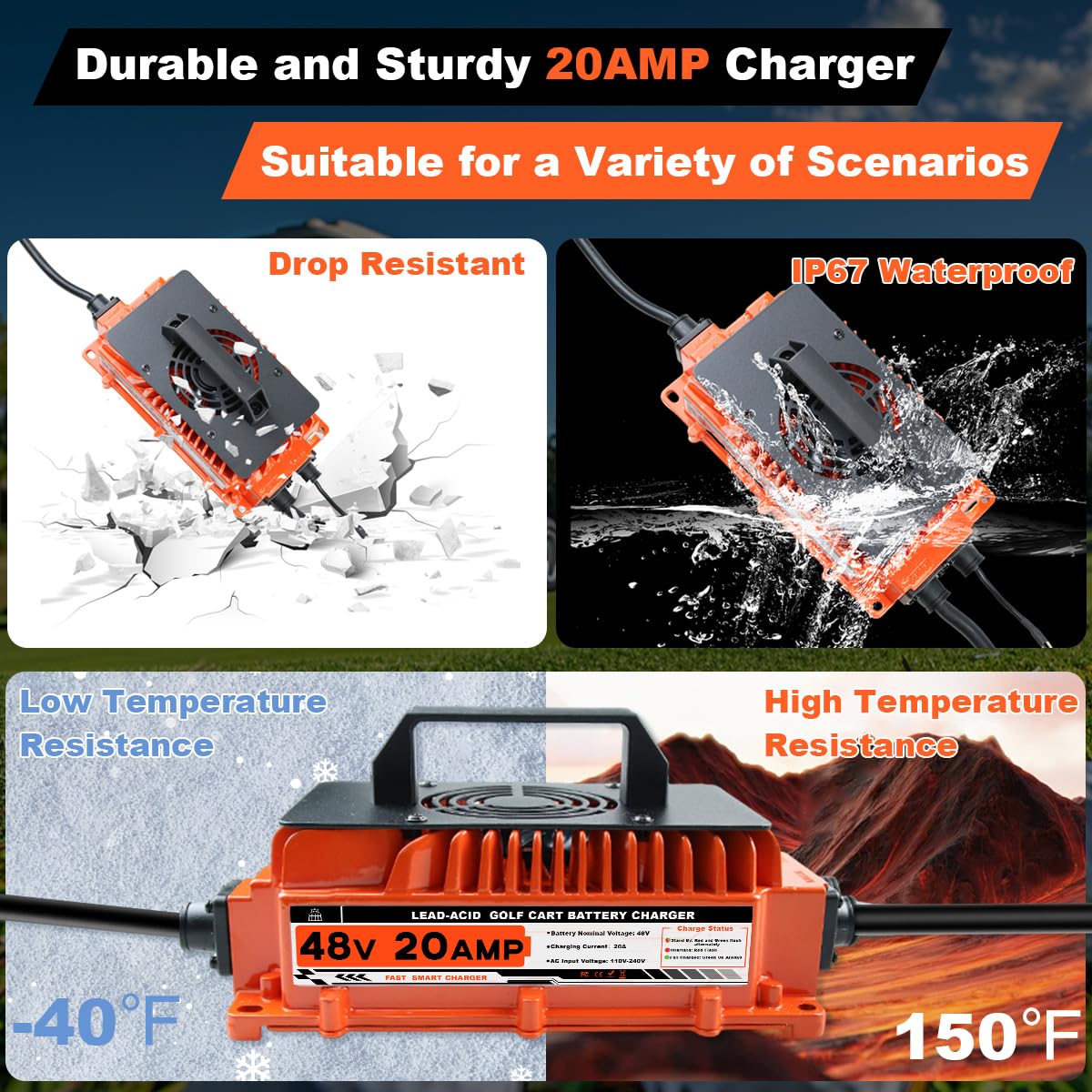48V 20 AMP Golf Cart Battery Charger for Club Car - 1250W Lead-Acid Charger with 3-Pin Round Plug | Fast Charging for Golf Carts, Electric Vehicles & Outdoor Power Equipment