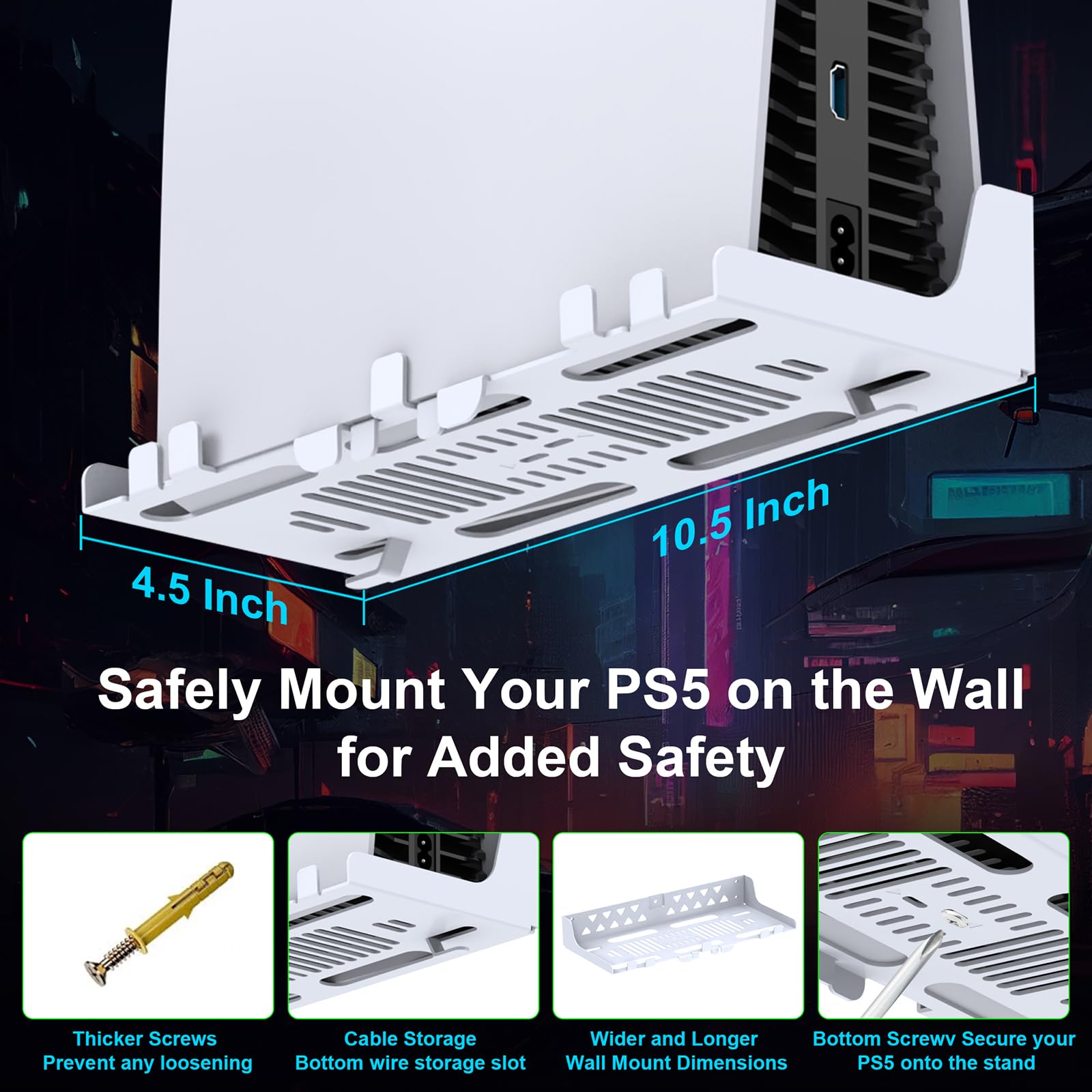 PS5 Wall Mount Kit with Charging Station & RGB LED Light - Compatible with PS5 Slim/Pro Consoles (Disc & Digital Edition) | Fast Dual Controller Chargers, Steel Wall Stand & Headphone Hanger | Perfect for Gaming Room Setup & Space-Saving Organization