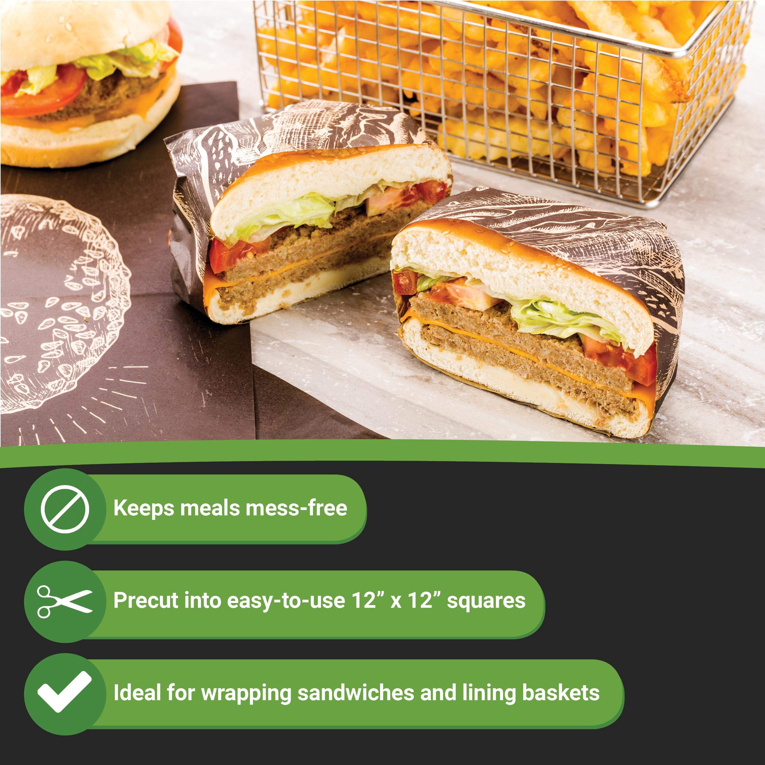 Restaurantware 12x12 Inch Deli Papers - 200 Pack Durable Greaseproof Sandwich Wrapping Papers | Microwave Safe Black Kraft Food Basket Liners for Restaurants, Picnics, BBQs & Takeout Orders