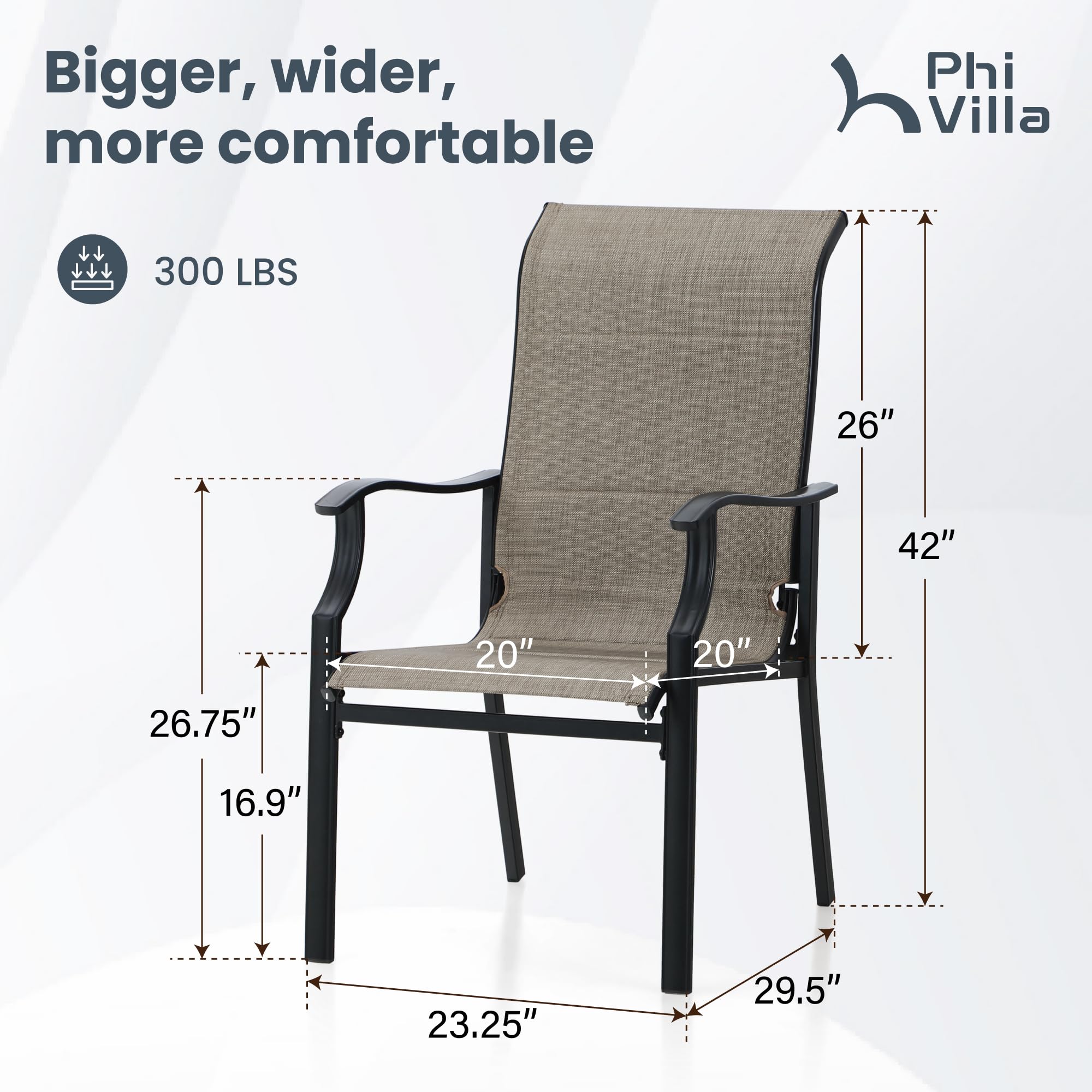 PHI VILLA Outdoor Dining Chairs Set of 2 - High Back Textilene Fabric Padded Armchairs with Rust-Resistant E-Coated Steel Frame for Patio, Porch, Deck, Yard - Perfect for Backyard BBQs, Poolside Lounging & Garden Relaxation